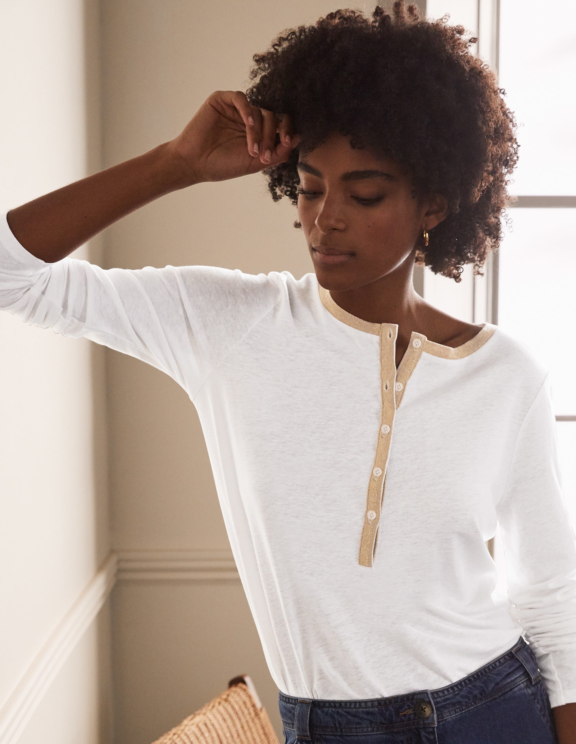 T-shirt étincelant en lin à col tunisien WHT Femme Boden, White