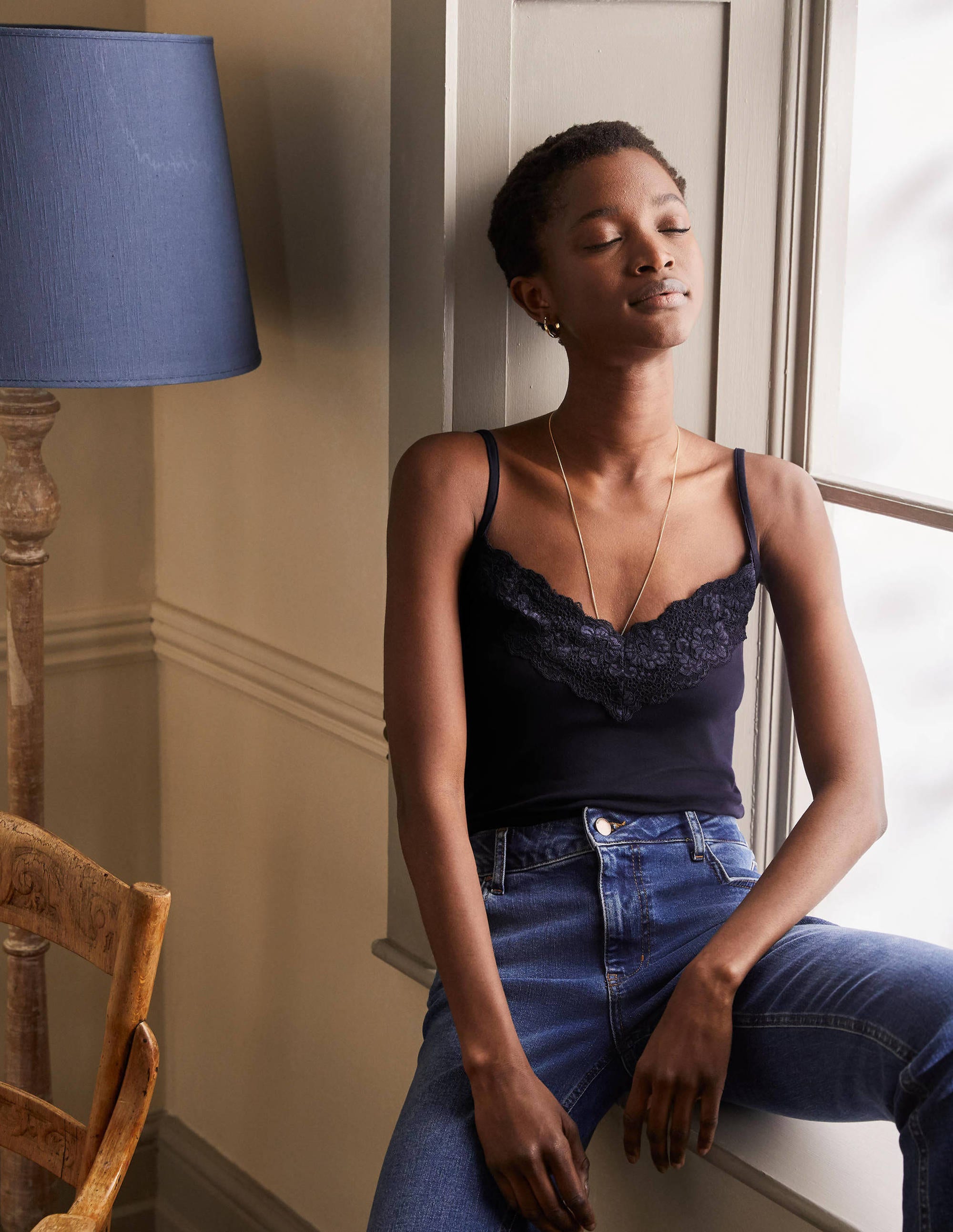 Lace Cami Top NAV Femme Boden, Bleu marine