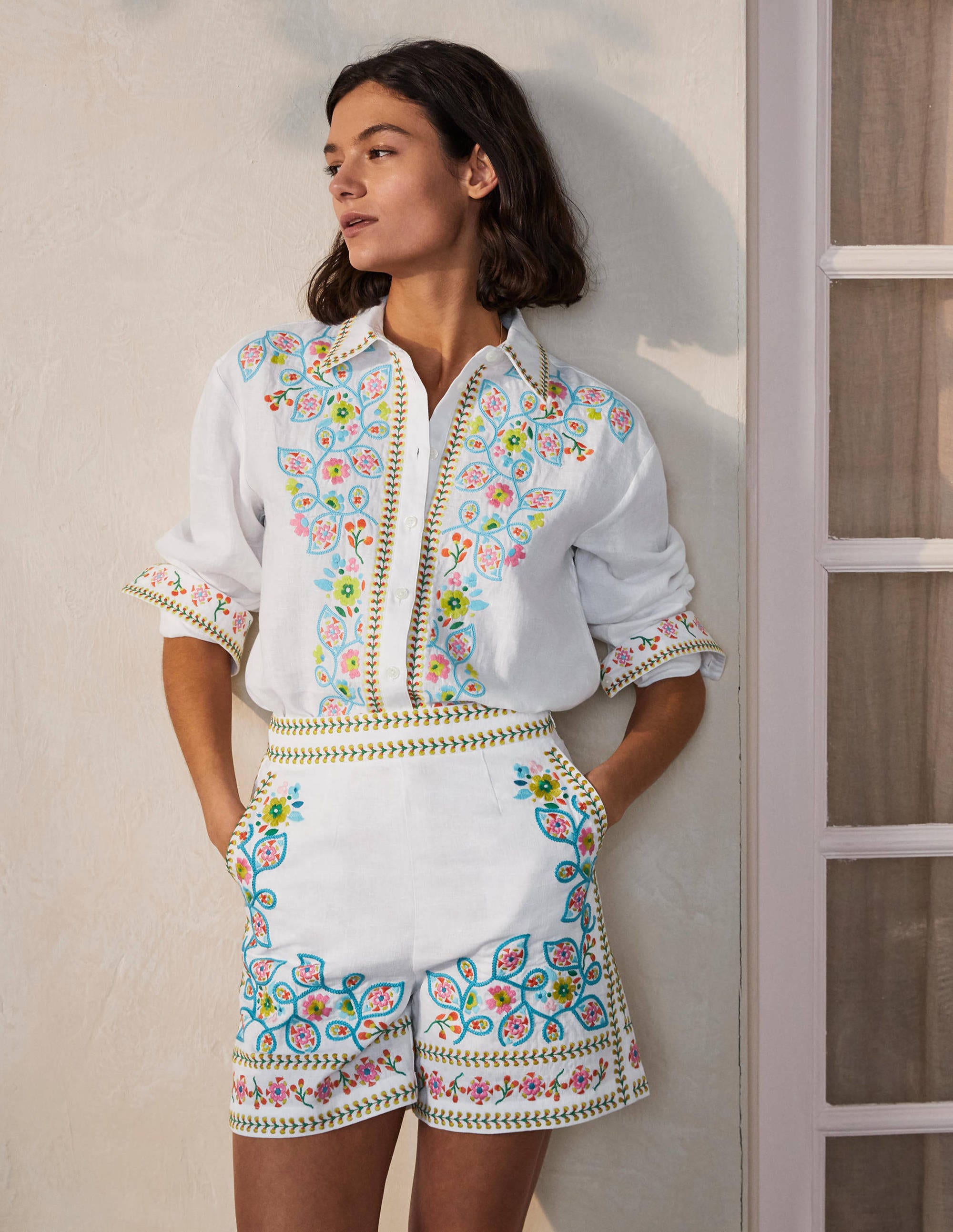 Chemise brodée en lin MUL Femme Boden, Multi