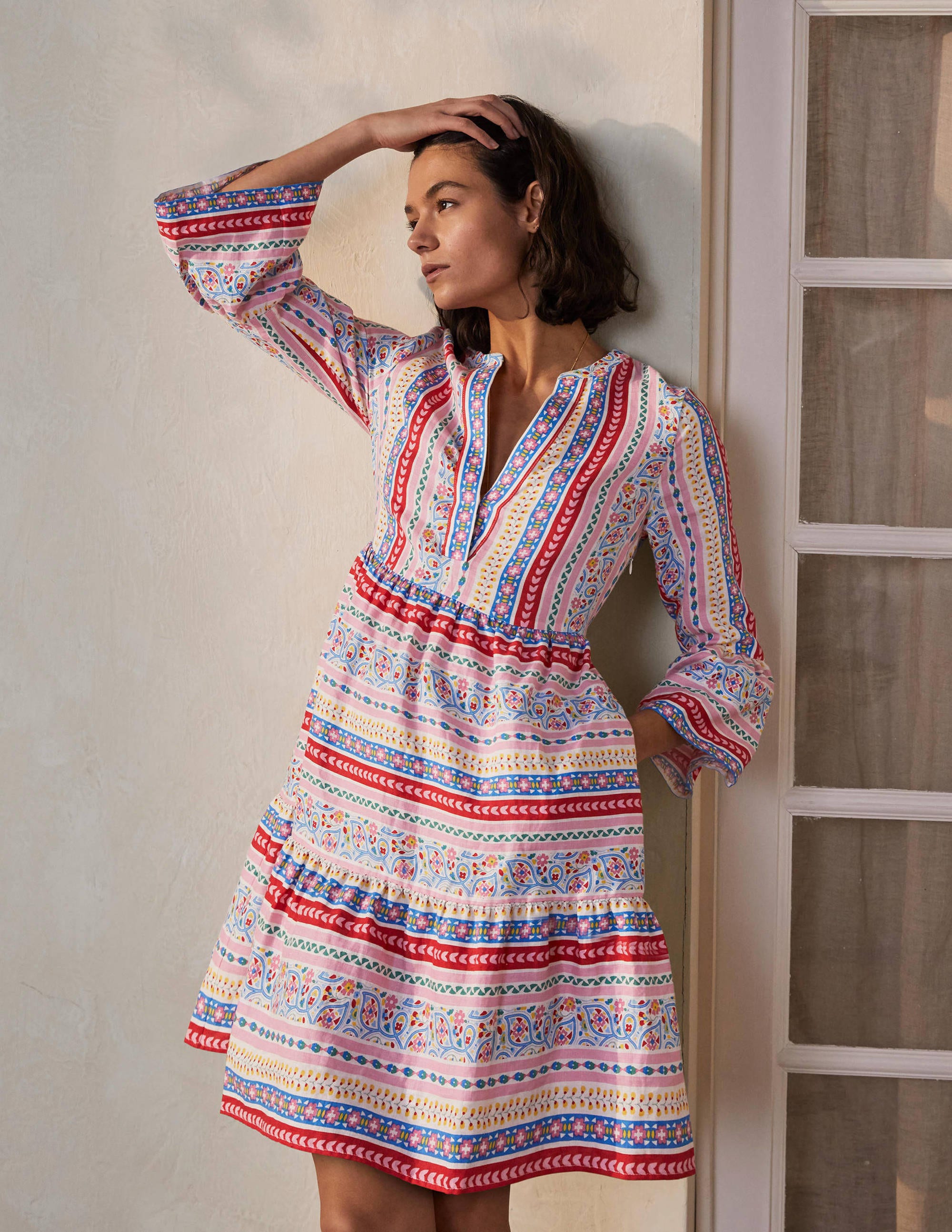 Relaxed Linen Tiered Dress - Ivory, Exotic Border | Boden US