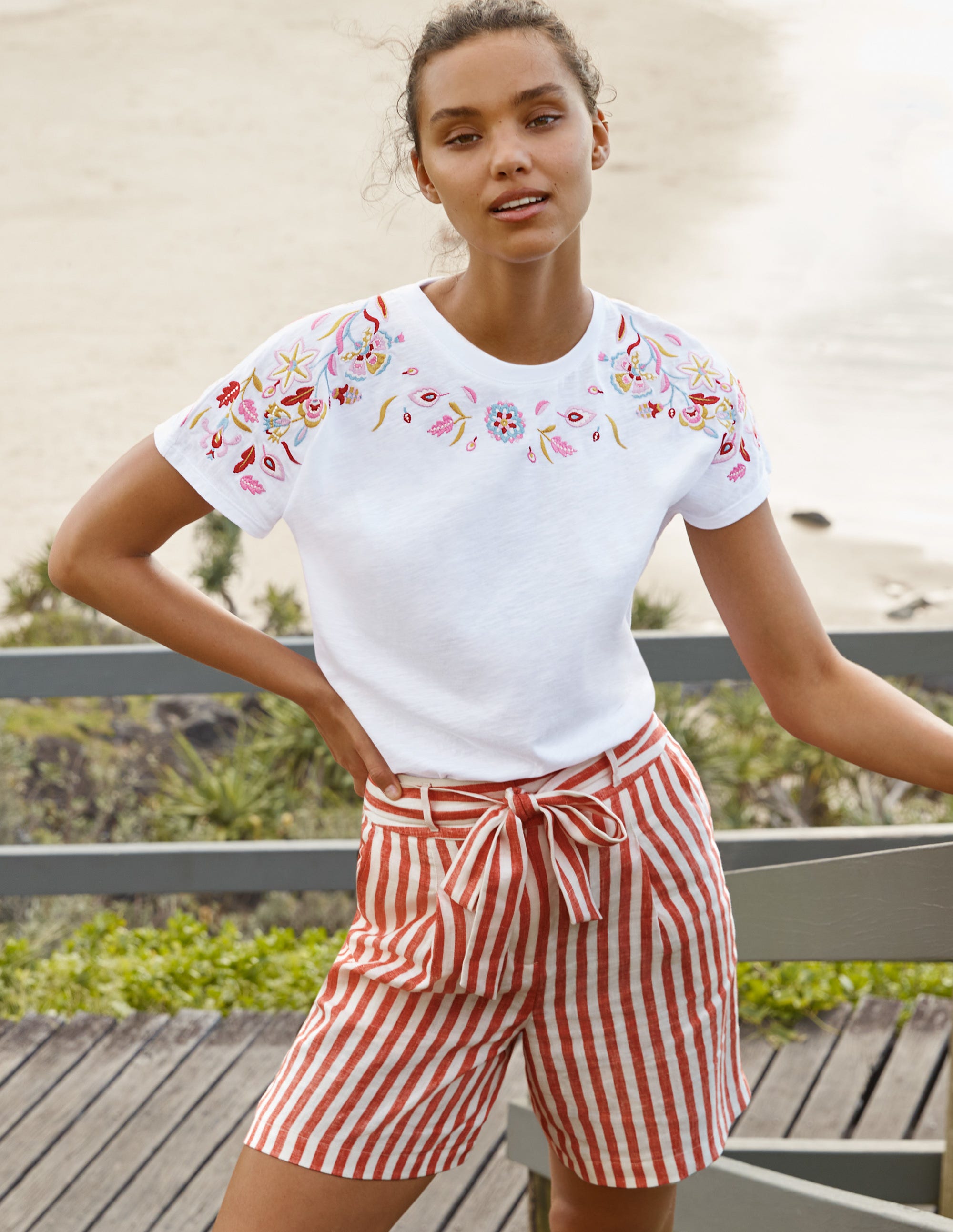 Lena Embroidered Jersey Tee White Floral Embroidery Boden UK
