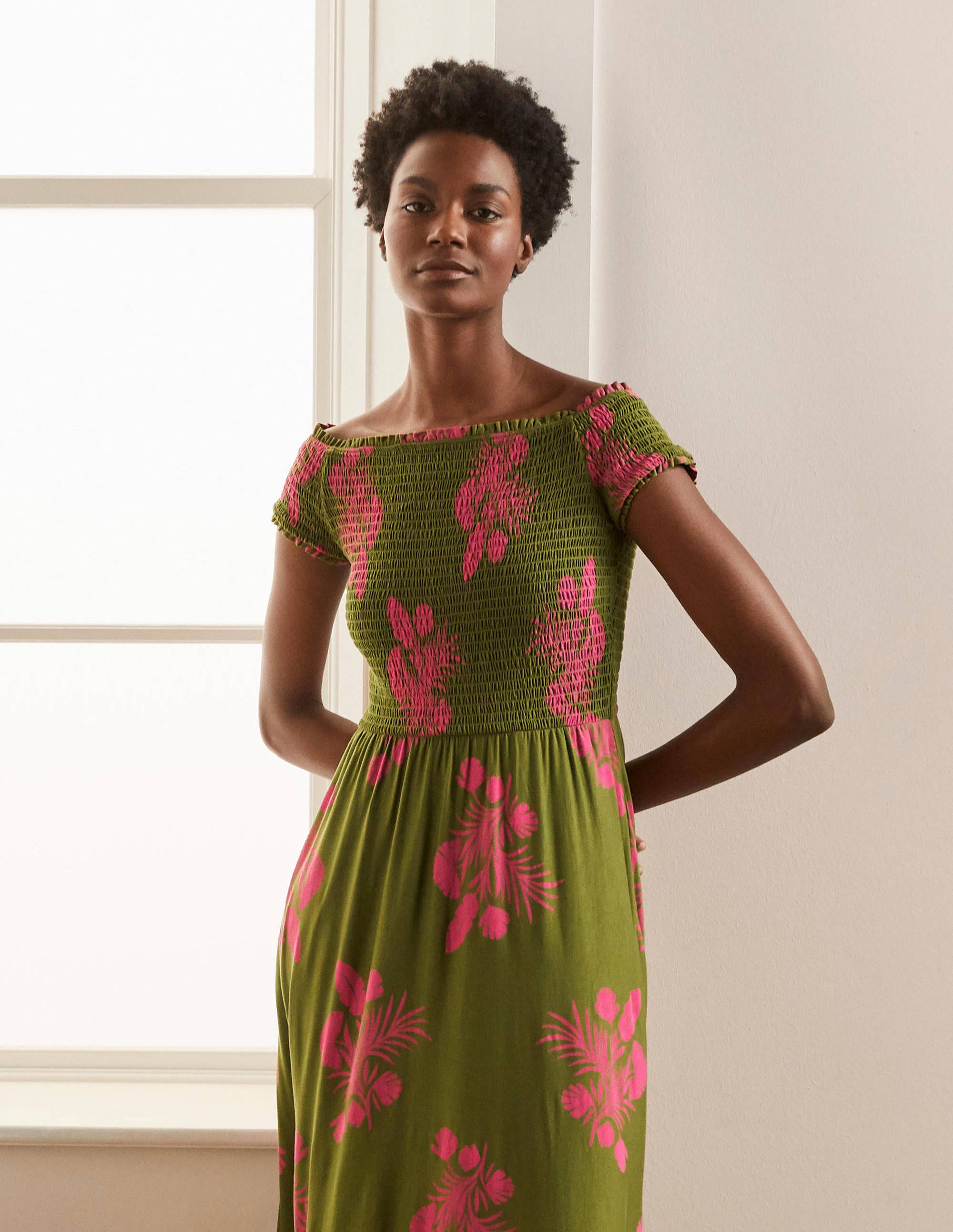 Robe midi Angelica à smocks GRN Femme Boden, Green