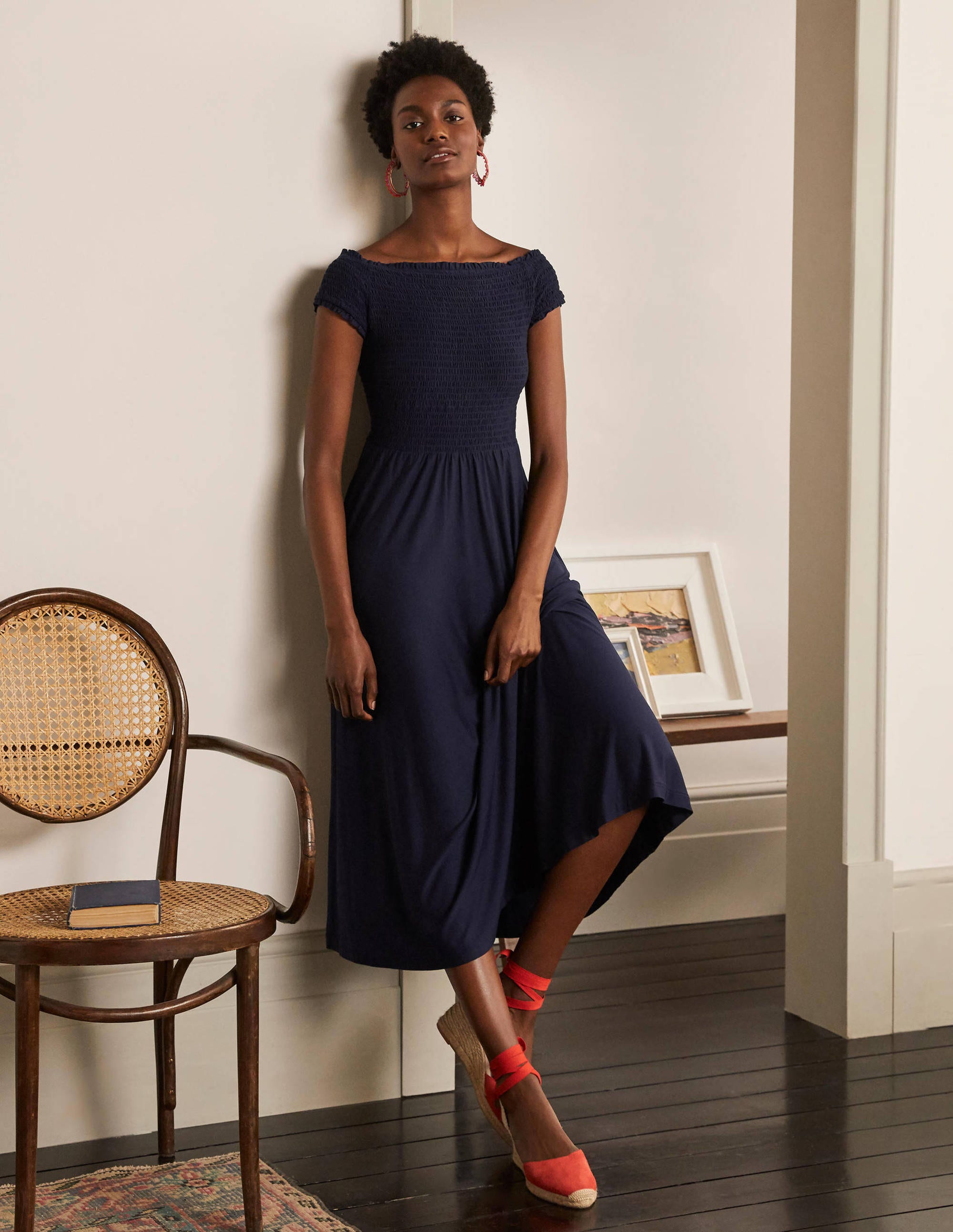 Robe midi Angelica à smocks NAV Femme Boden, Navy