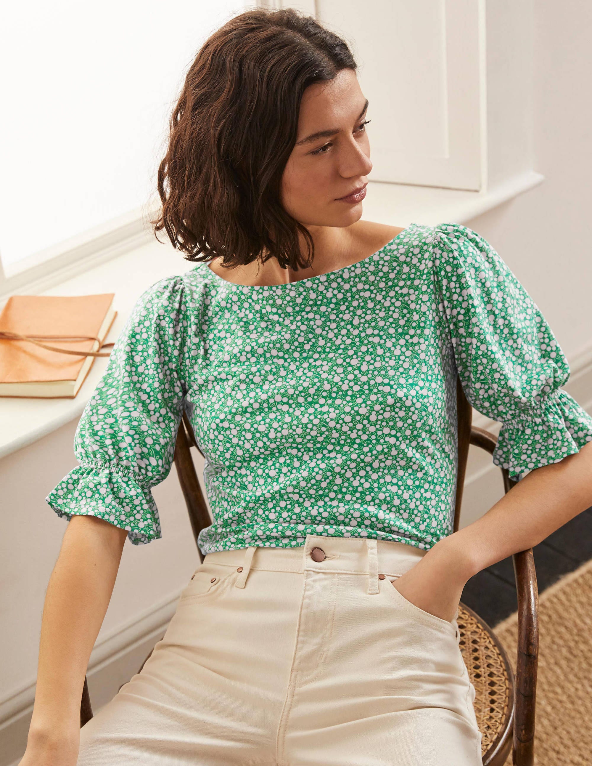 Top Georgia en jersey à manches blousantes GST Femme Boden, Green