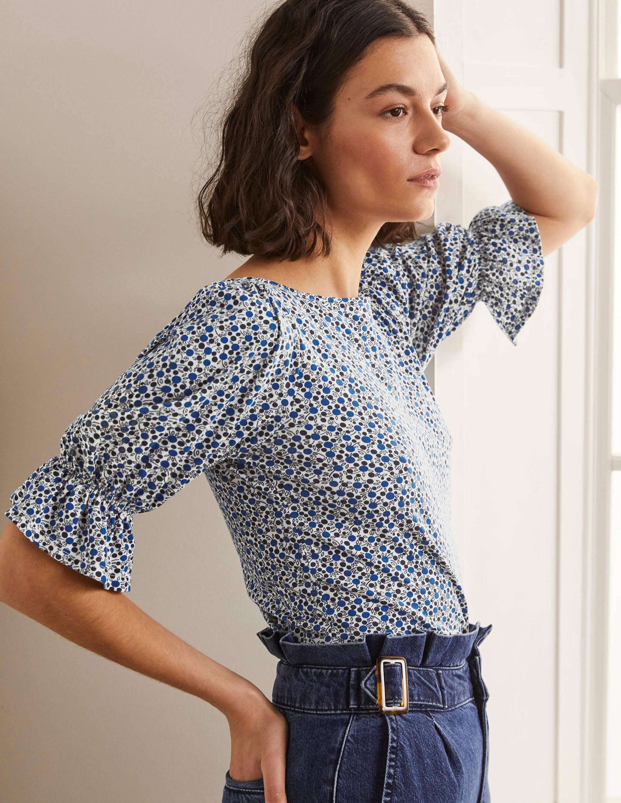 Top Georgia en jersey à manches blousantes IVO Femme Boden, Ivory