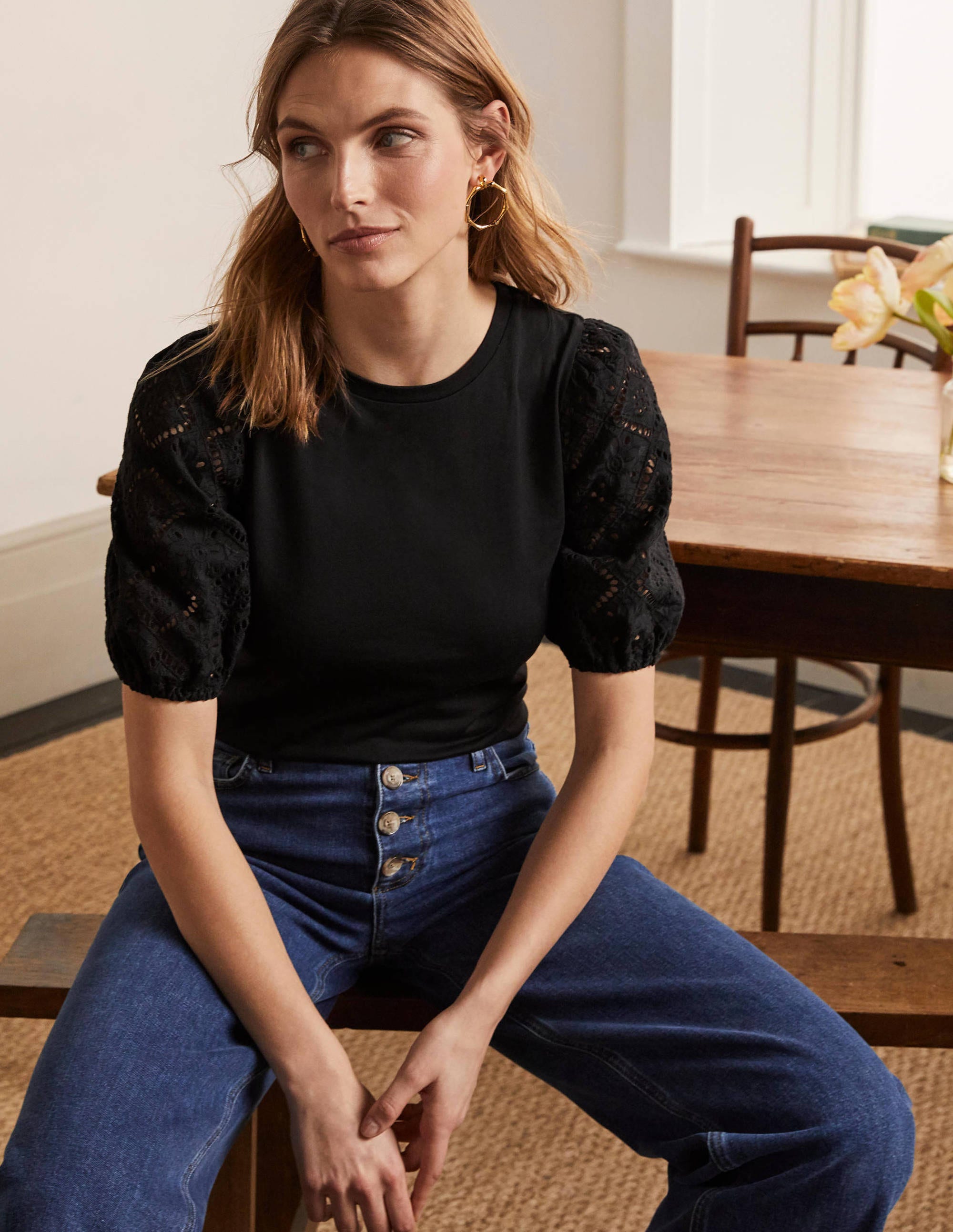 Top Abigail en jersey à manches bouffantes BLK Femme Boden, Black