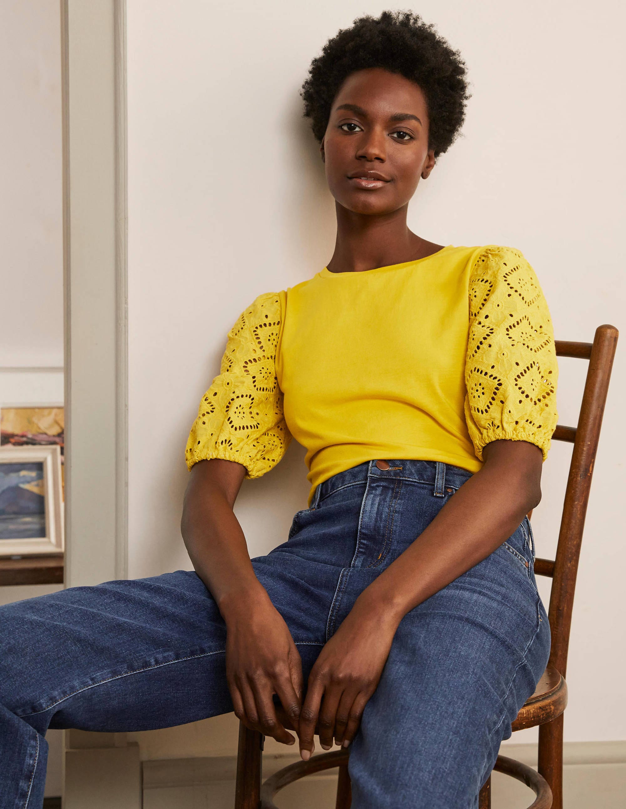 Top Abigail en jersey à manches bouffantes BYE Femme Boden, Yellow