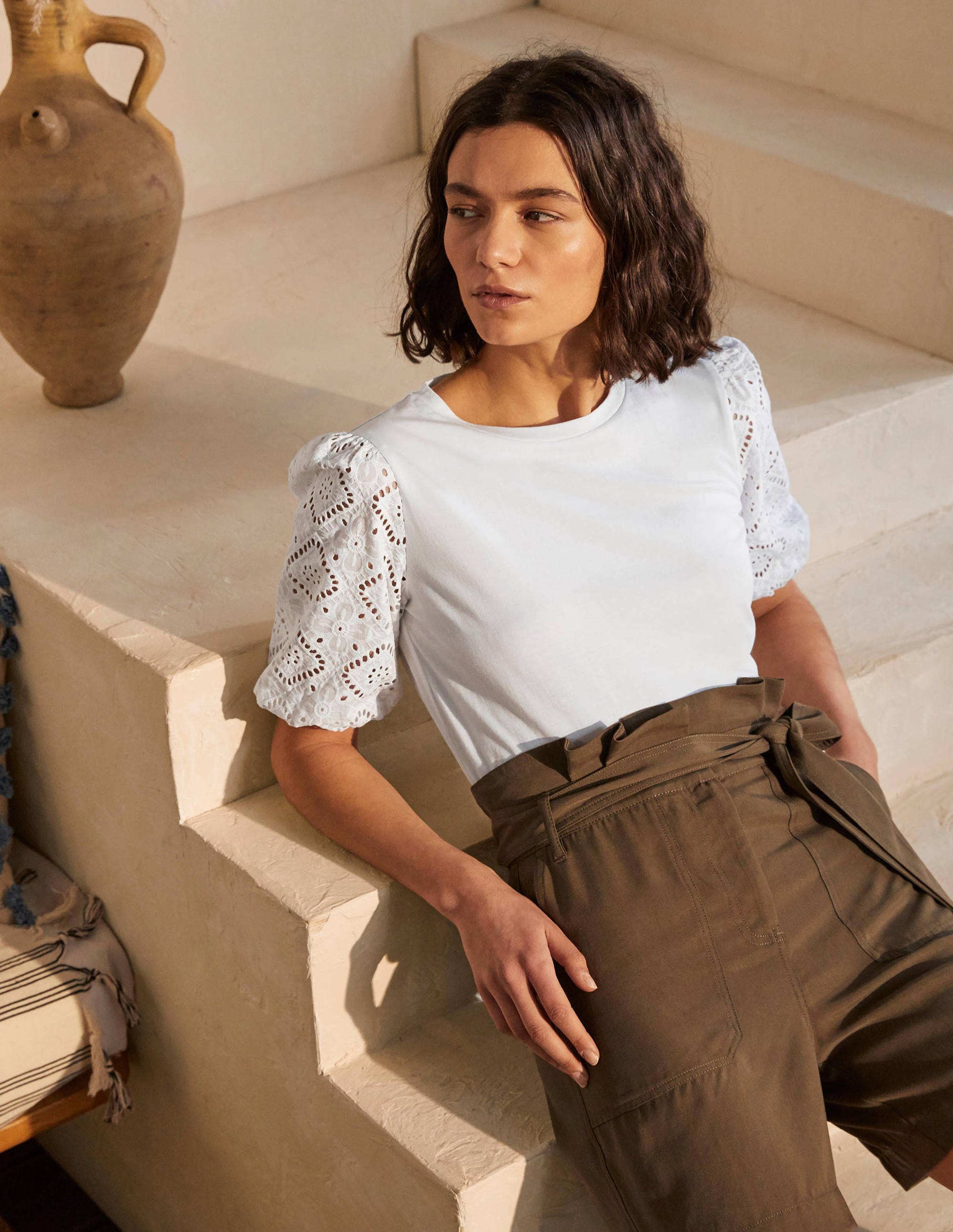 Top Abigail en jersey à manches bouffantes WHT Femme Boden, White