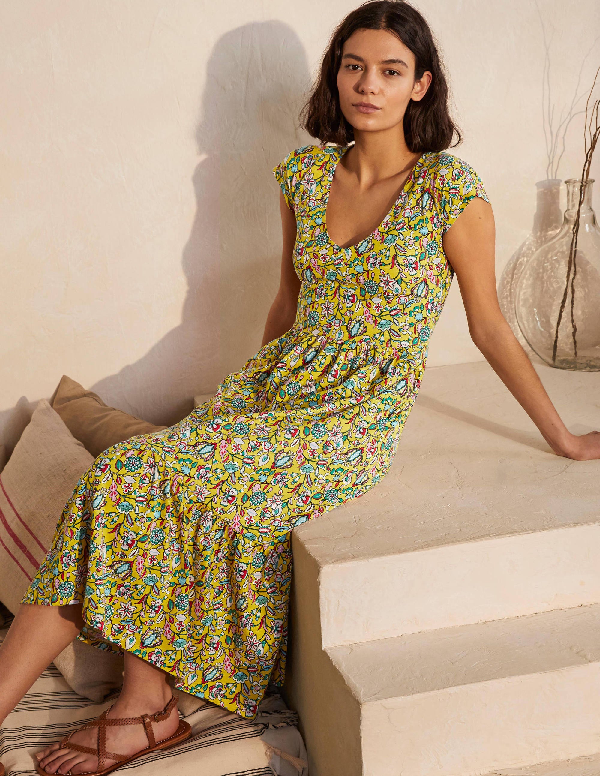 Robe volantée à col V arrondi en coton BYE Femme Boden, Yellow