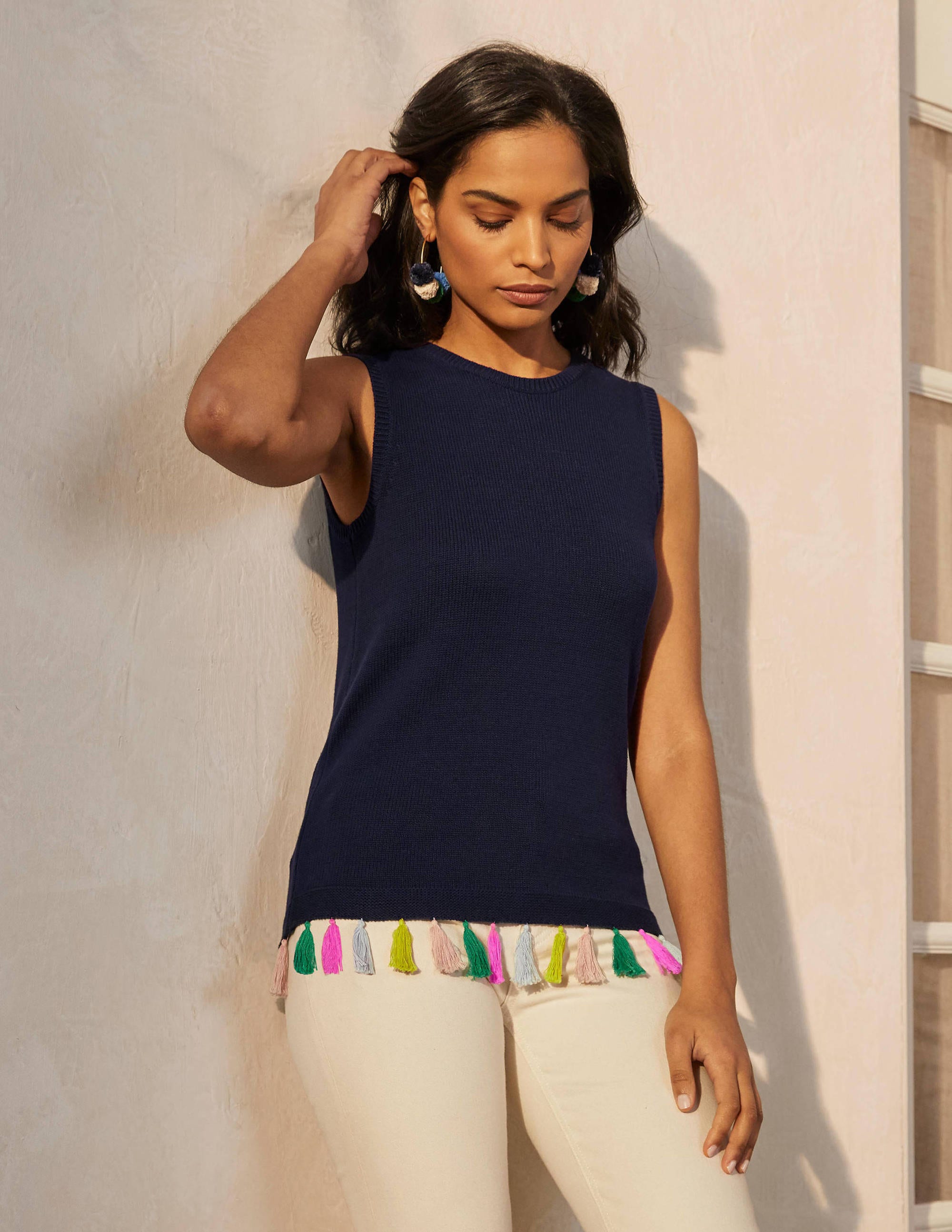 Débardeur Avington en coton à pampilles NAV Femme Boden, Navy