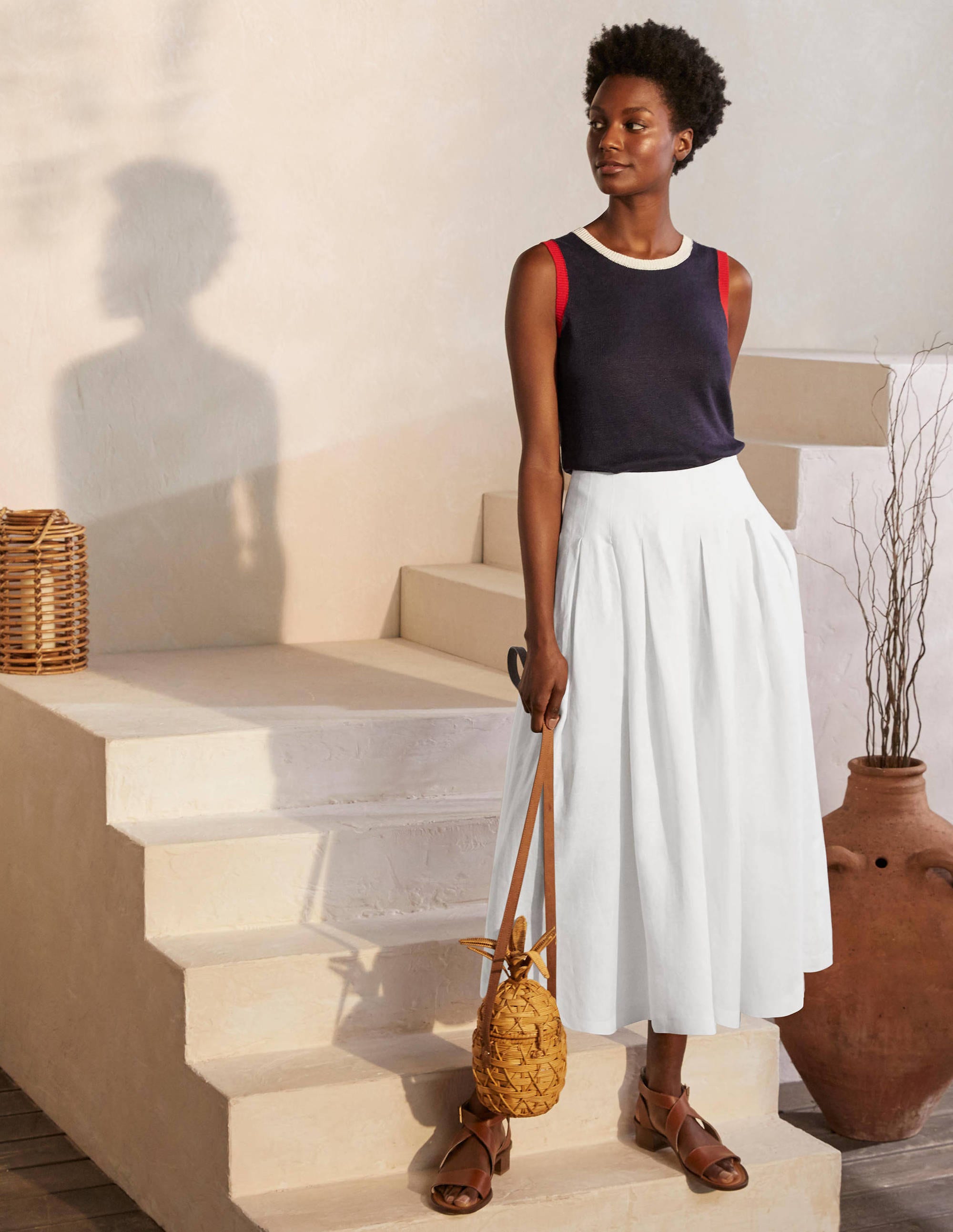 Jupe Lydia plissée en lin WHT Femme Boden, White