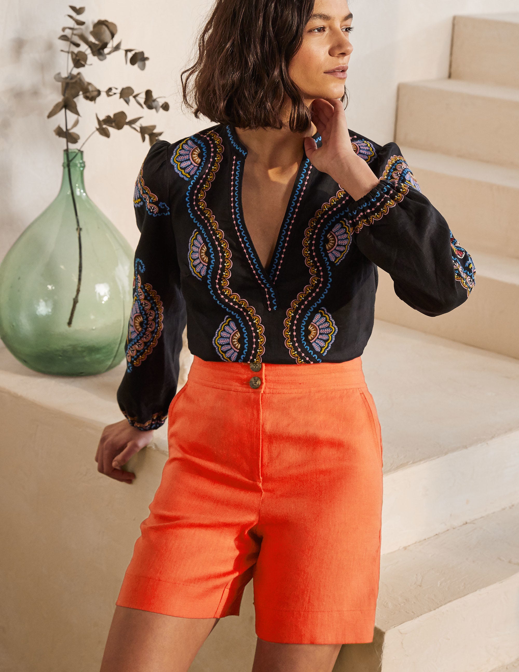 Short Cornwall en lin ORA Femme Boden, Orange