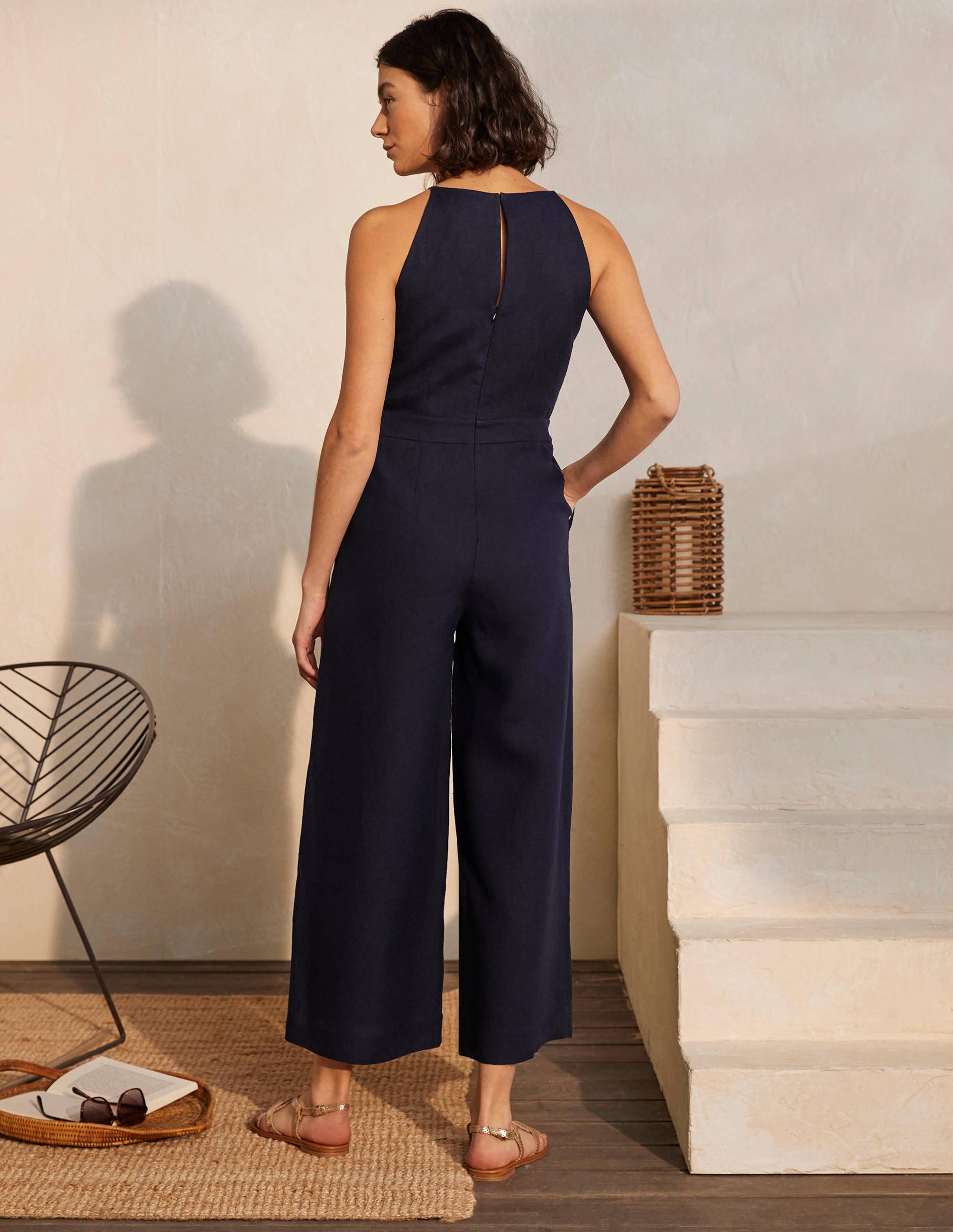 Halterneck Linen Jumpsuit Navy Boden UK