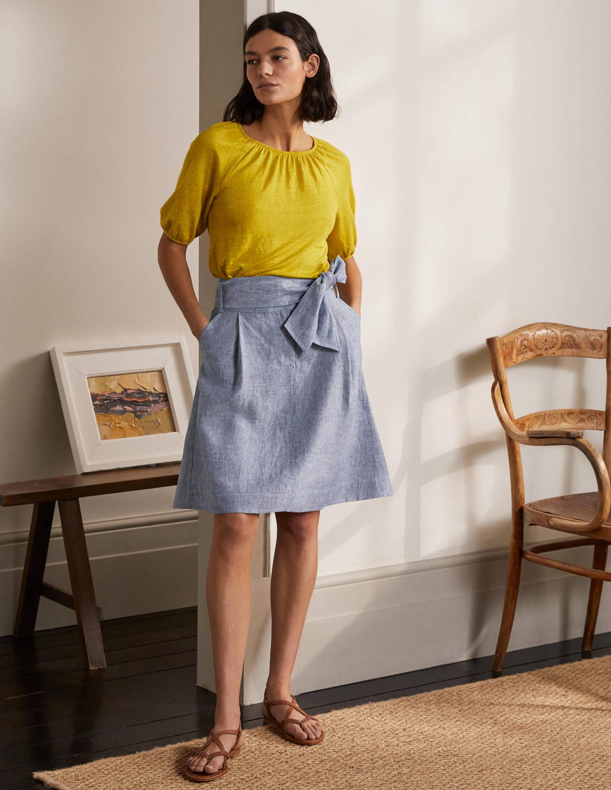Jupe nouée à la taille BLU Femme Boden, Chambray