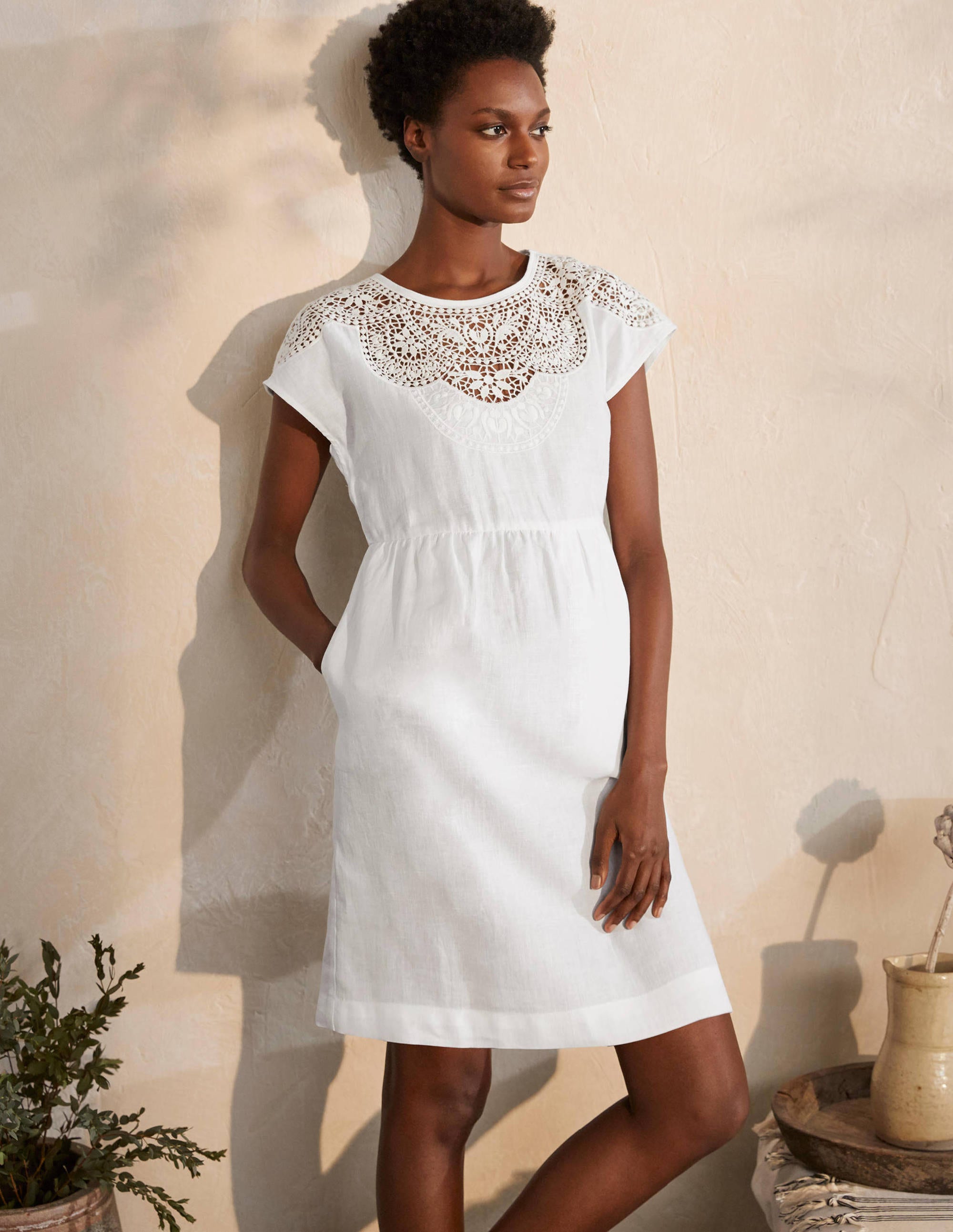 Robe Fleur brodée en lin WHT Femme Boden, White