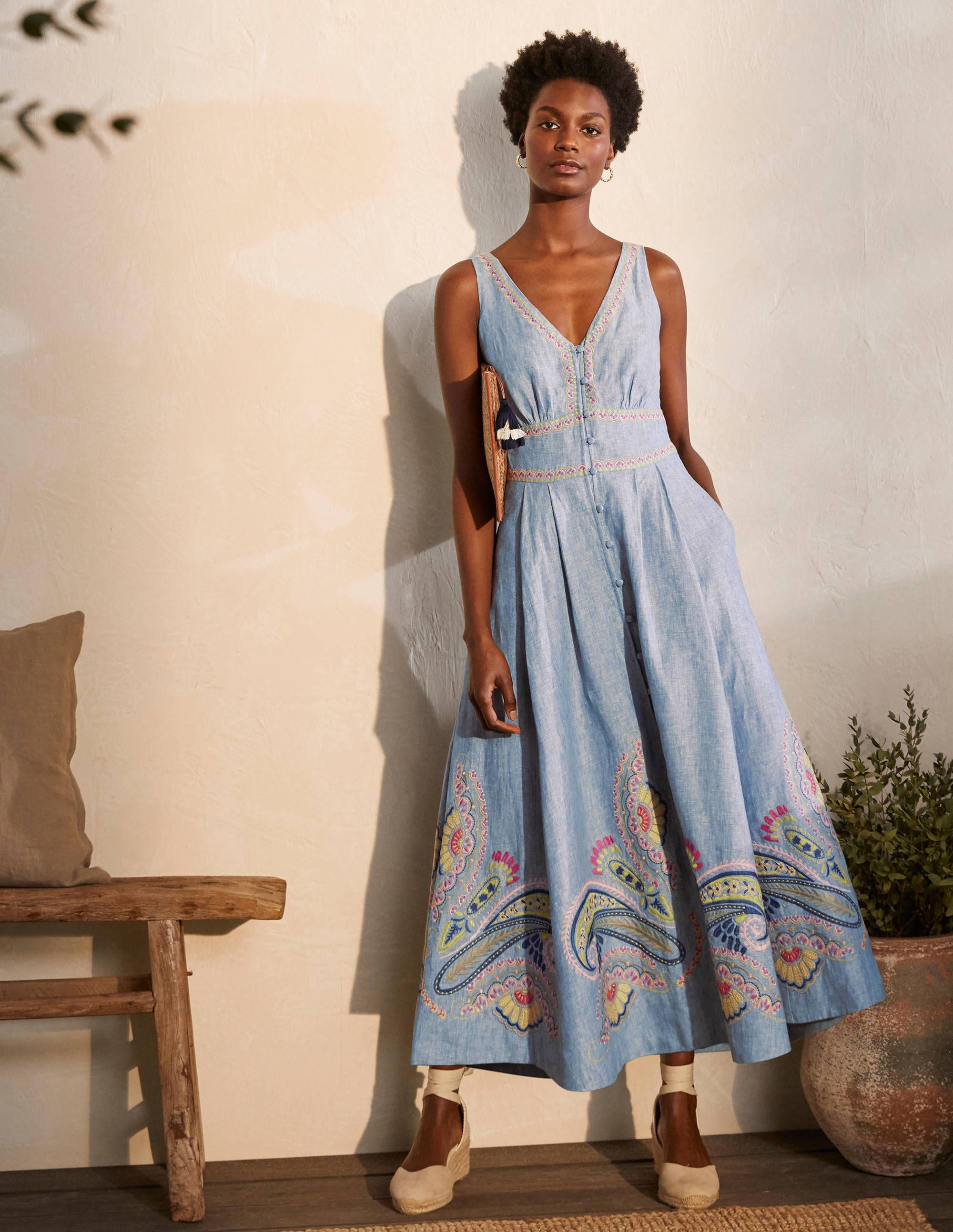Robe midi Jemima en lin MBL Femme Boden, Chambray