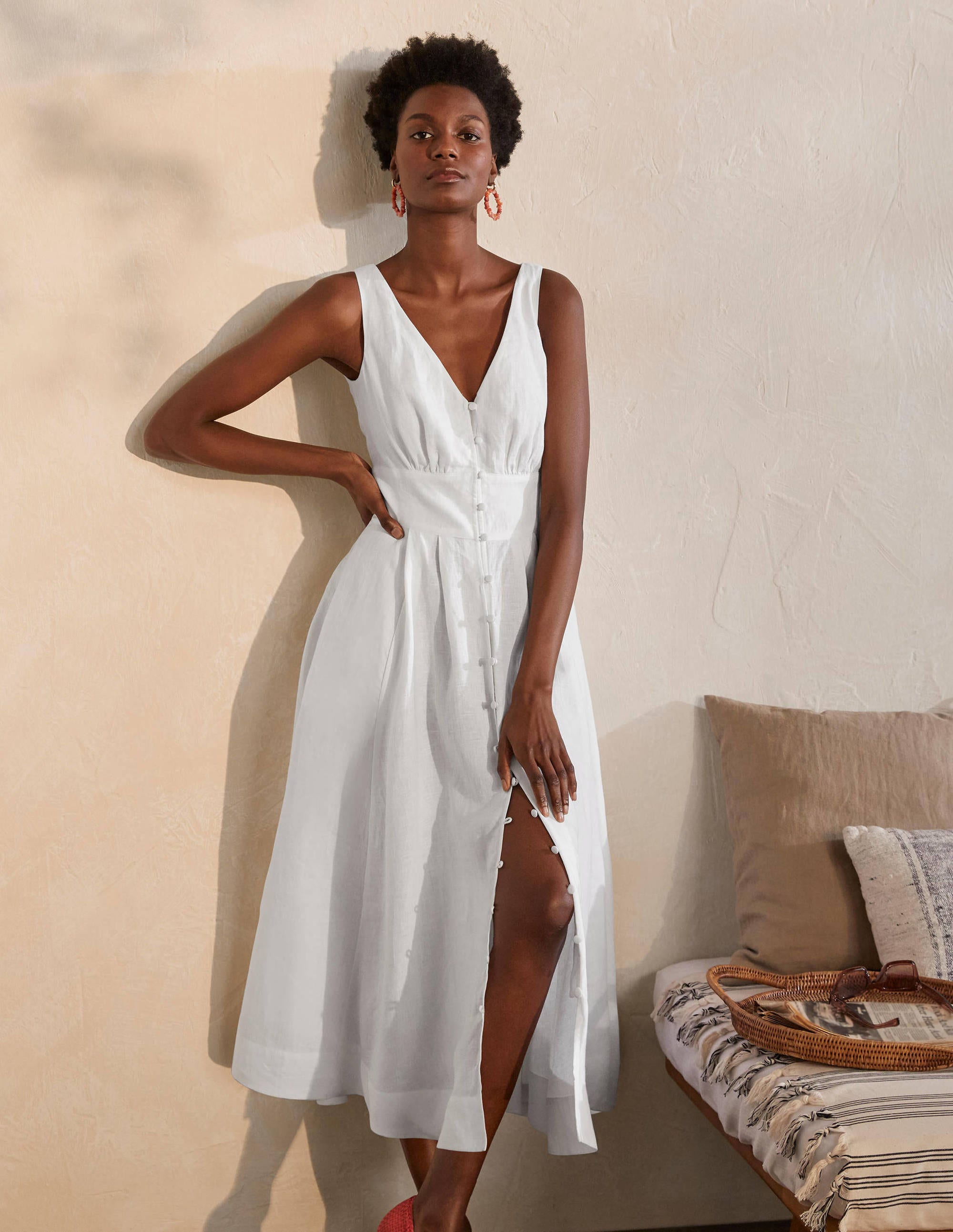 Robe midi Jemima en lin WHT Femme Boden, White