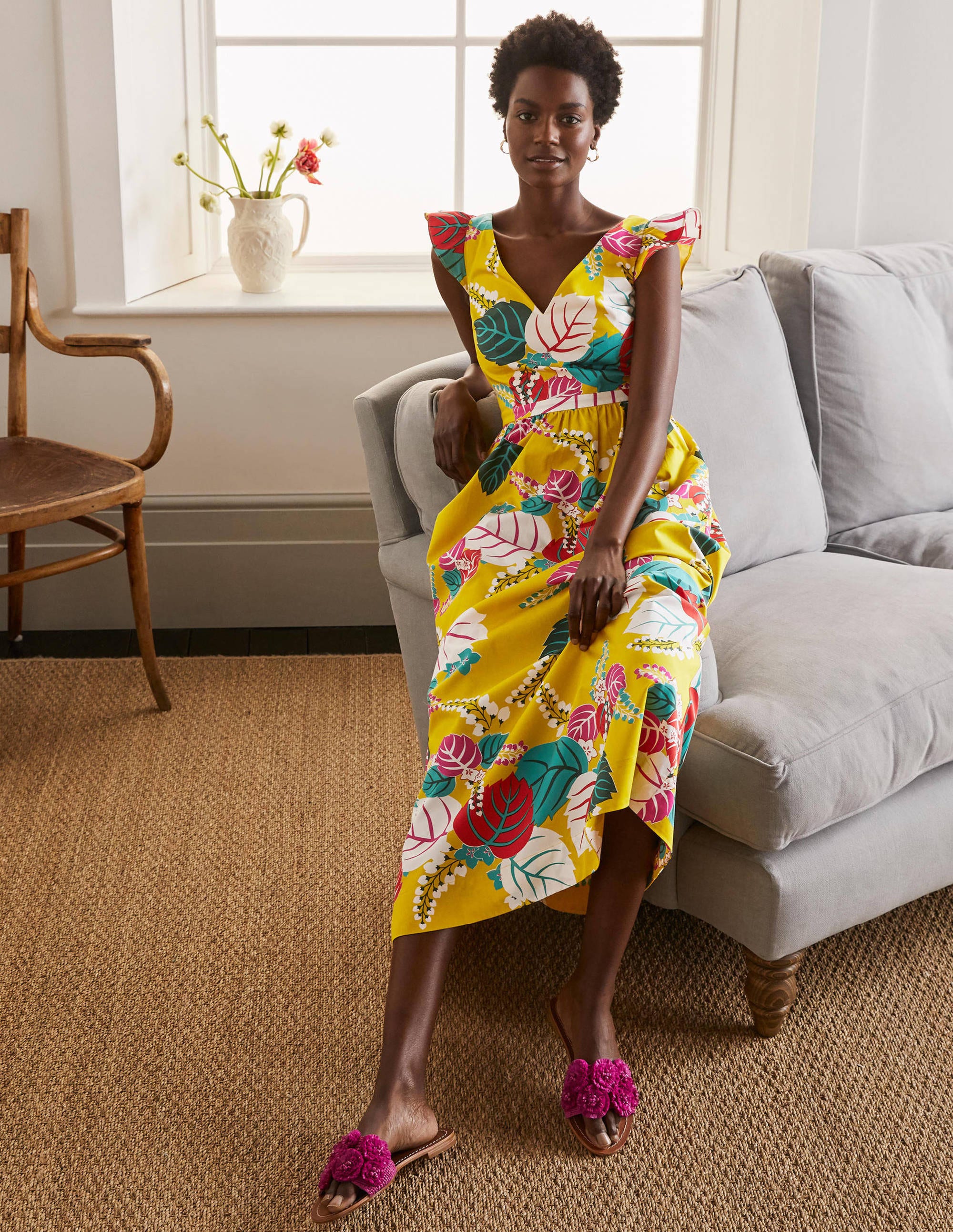 Robe longue Andrea à manches volantées BYE Femme Boden, Yellow