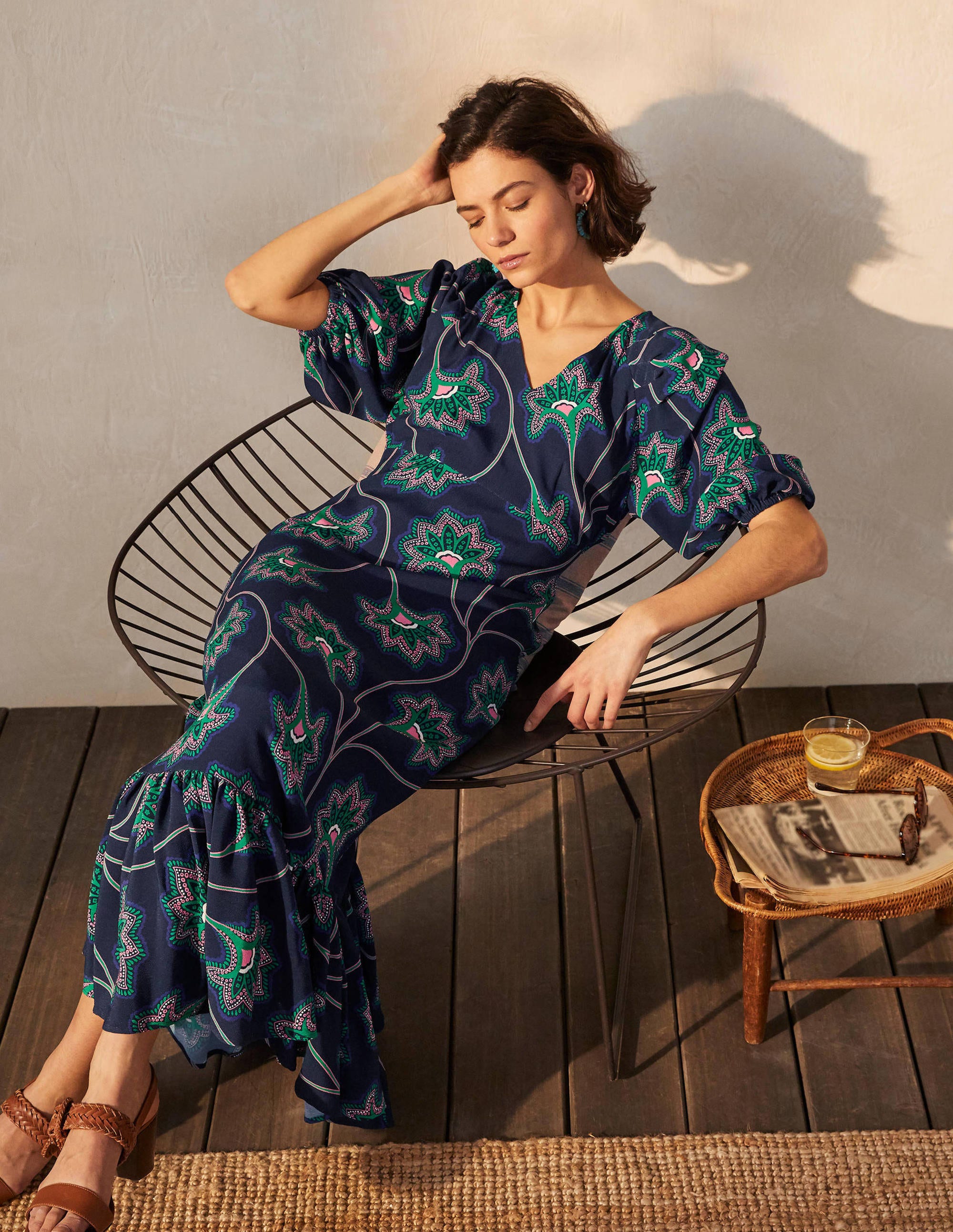Robe longue Claire à volants NVY Femme Boden, Navy