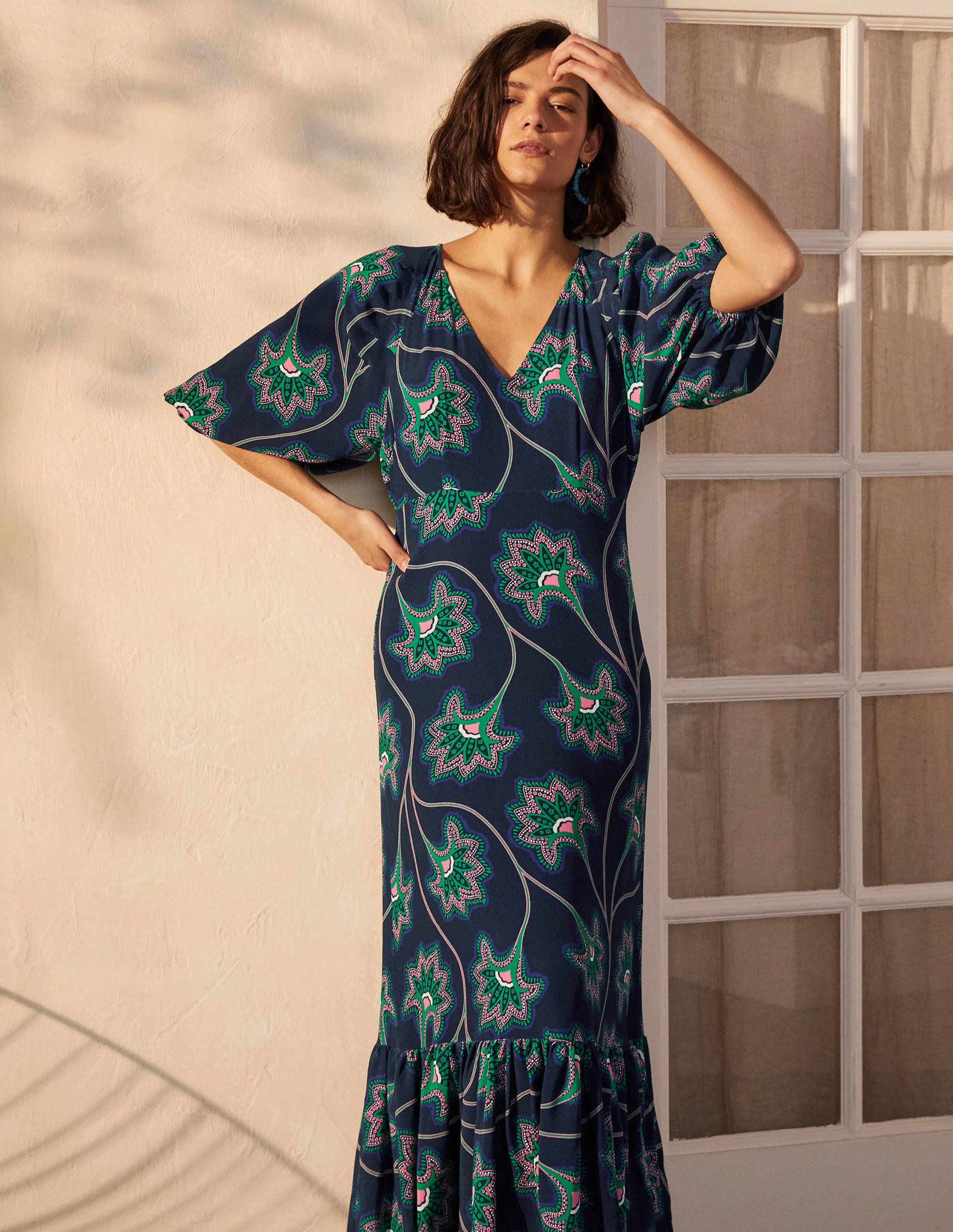 Claire Tiered Maxi Dress - Navy, Ornate Floral Vine | Boden US