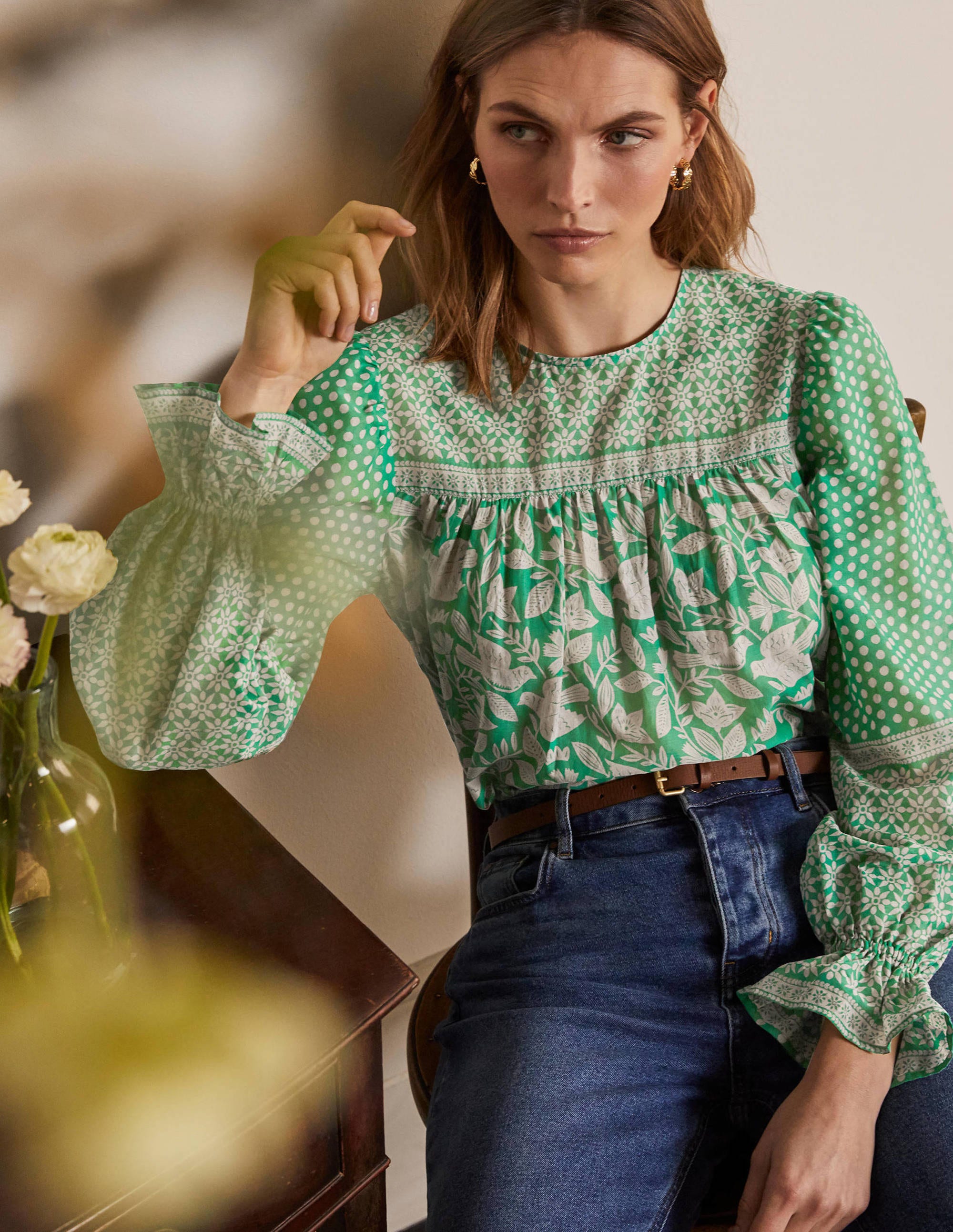 Blouse Gracie en coton GST Femme Boden, Green