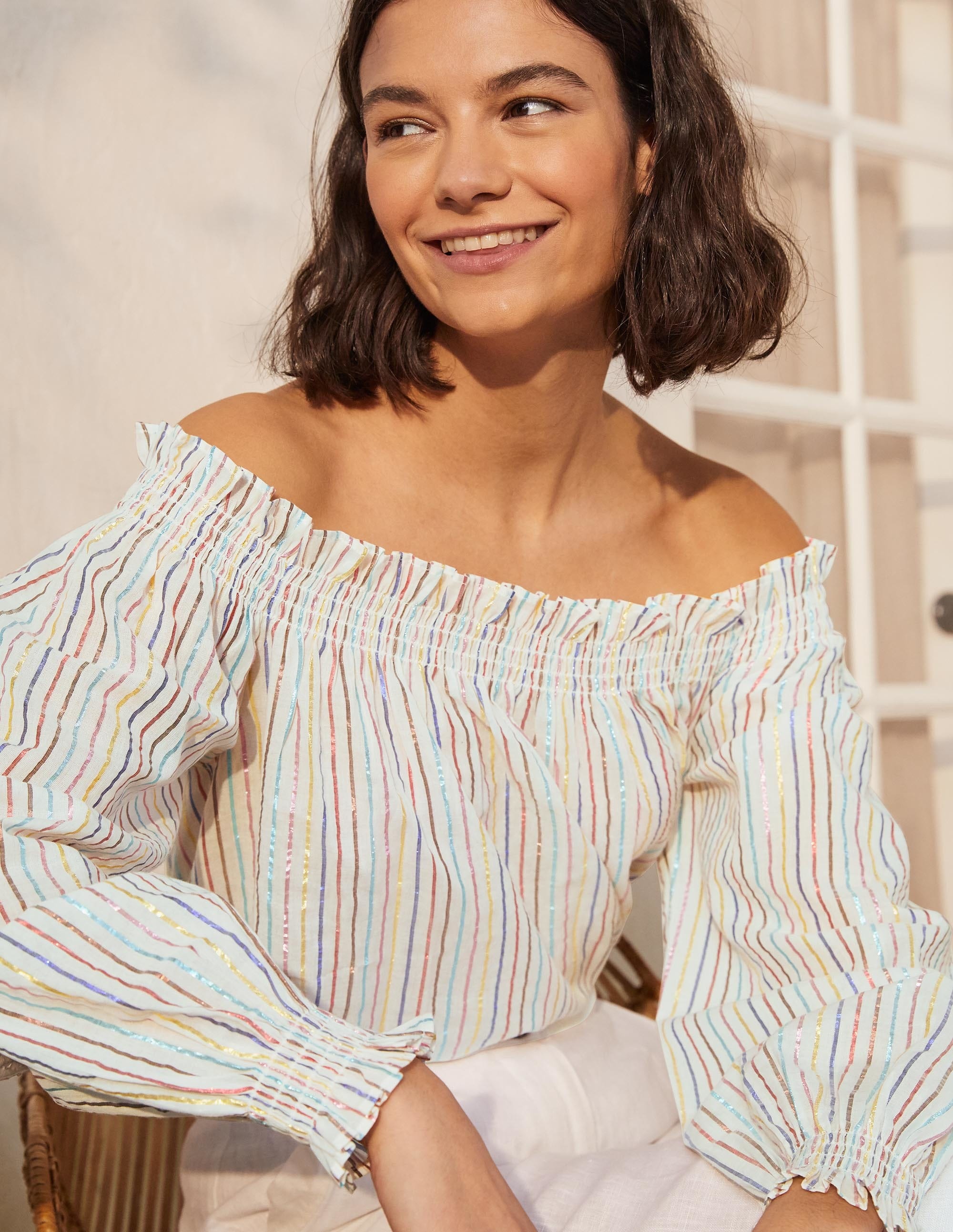 Top à smocks et épaules dénudées MUL Femme Boden, Multi