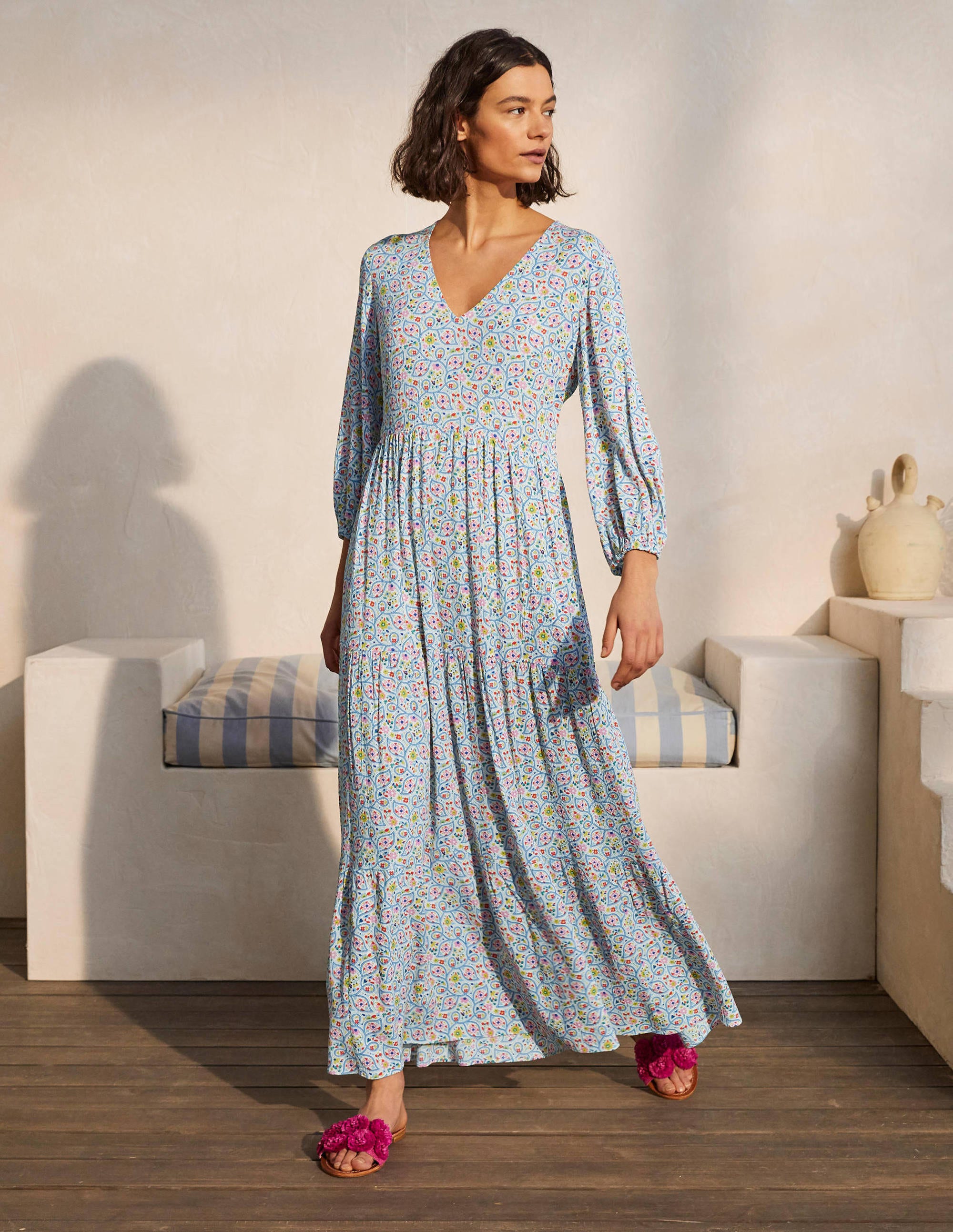 Blouson Sleeve Maxi Dress Ivory, Leafy Floral Boden UK