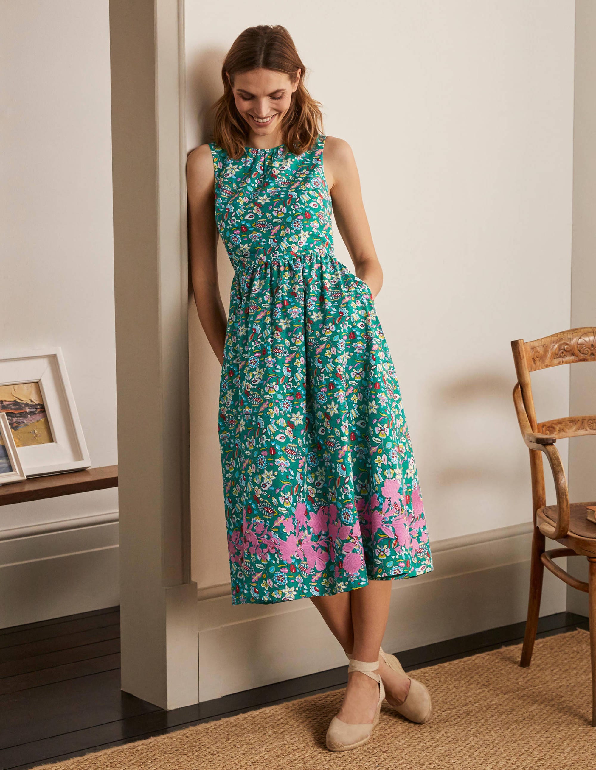 Embroidered Cotton Midi Dress Green, Kaleidoscopic Floral Boden UK