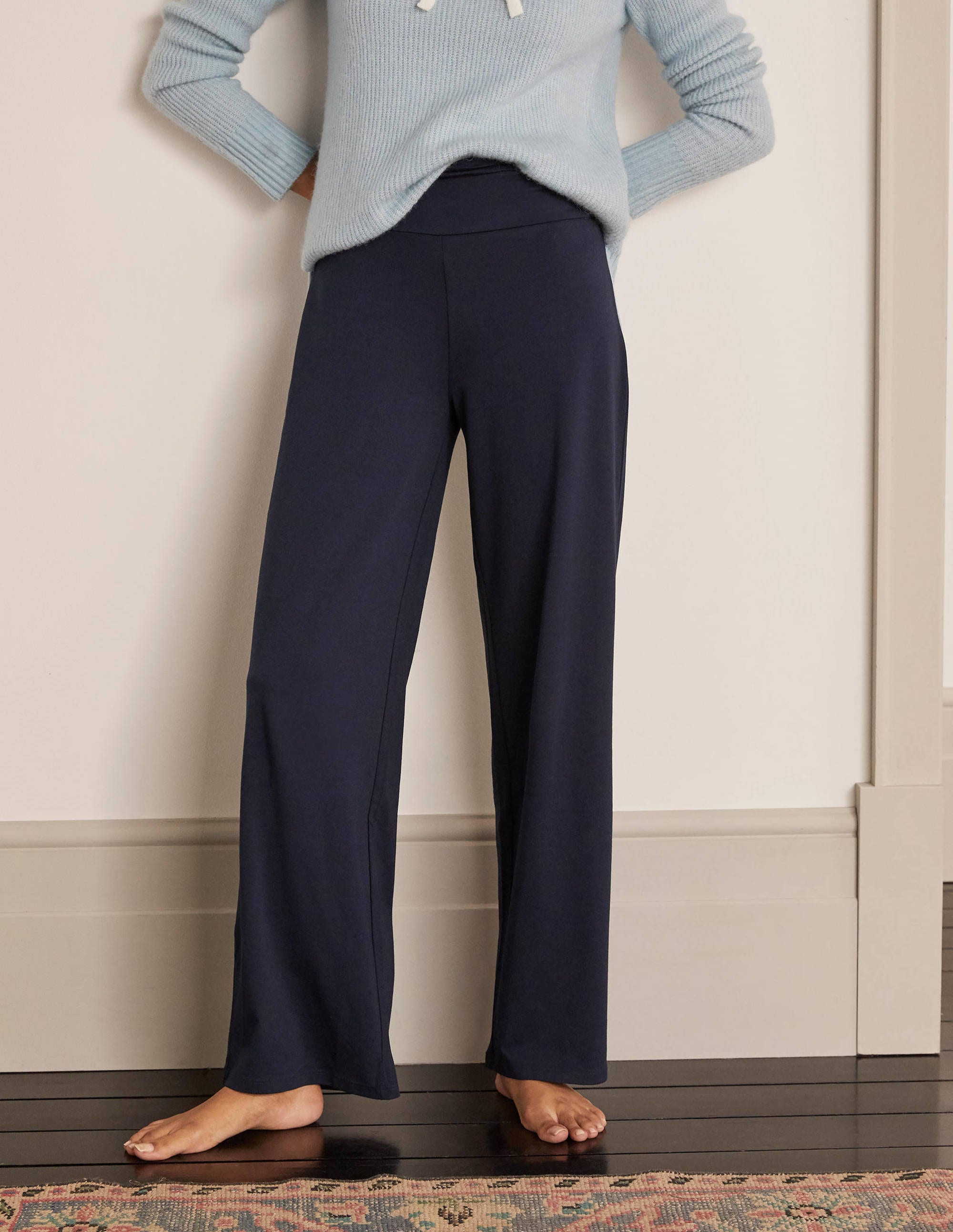 navy high waisted wide leg trousers