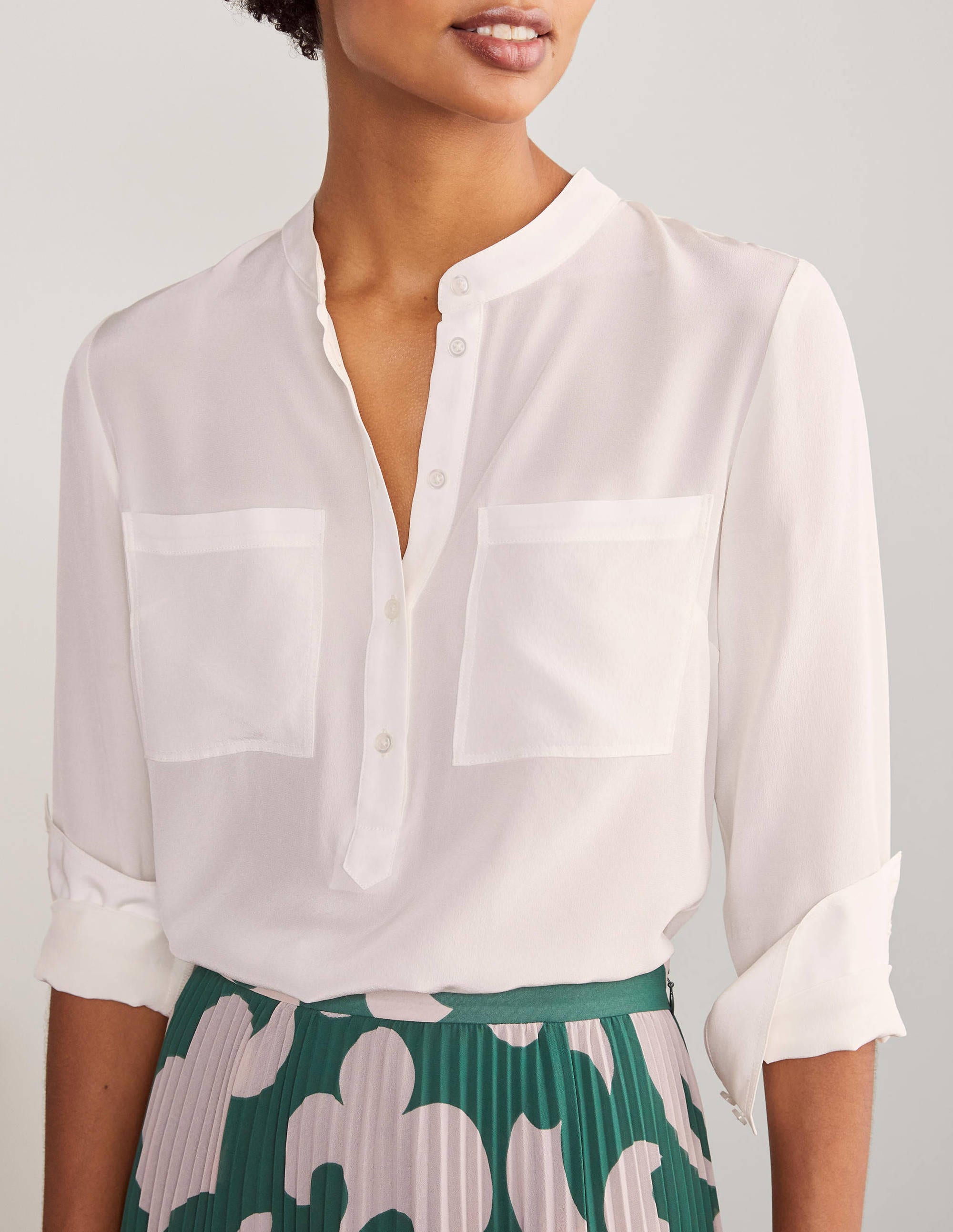 Silk Collarless Blouse Ivory Boden US