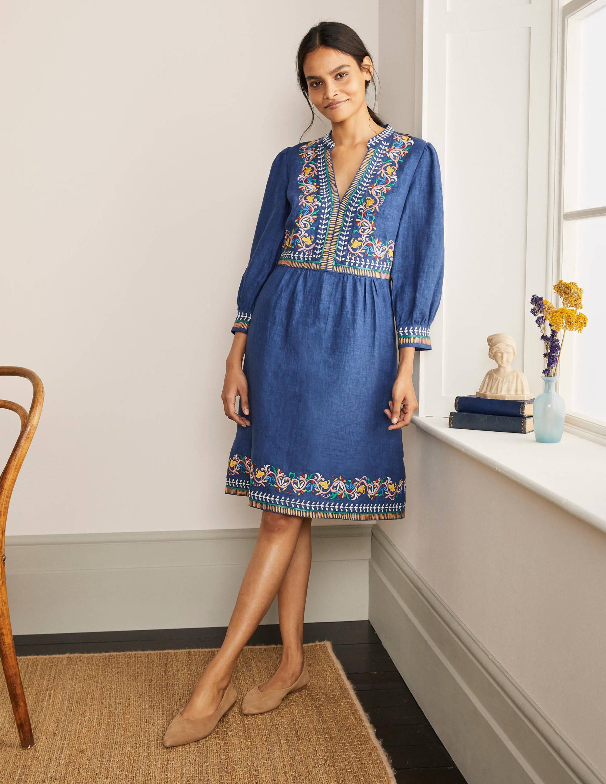 Dakota Embroidered Linen Dress Mid Blue Delave Boden US