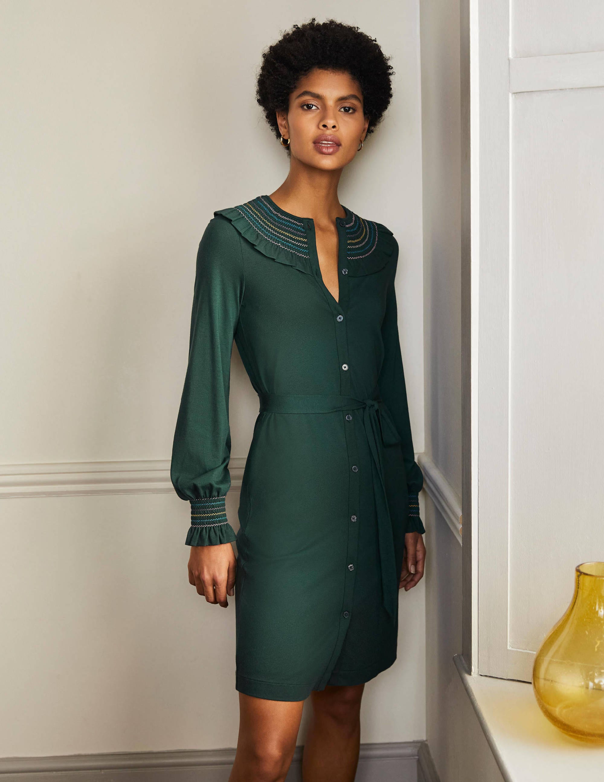 Robe en jersey à smocks GRN Femme Boden, Green