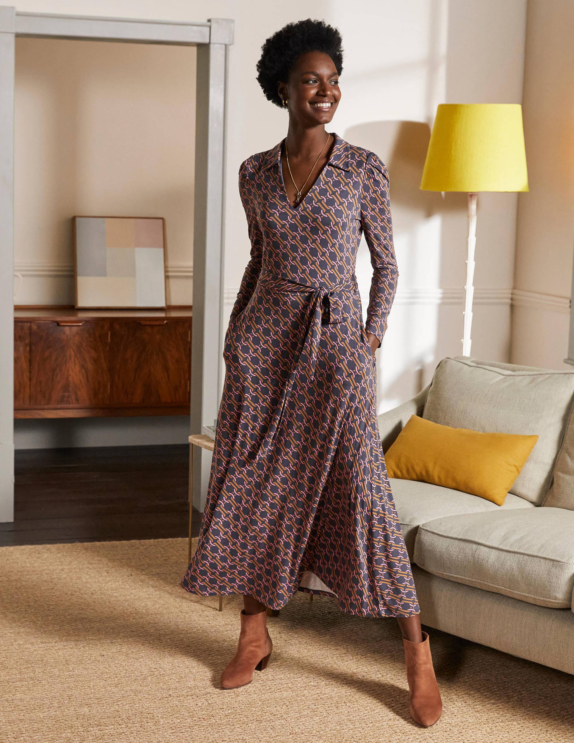 Robe midi à col en jersey TOR Femme Boden, Brown
