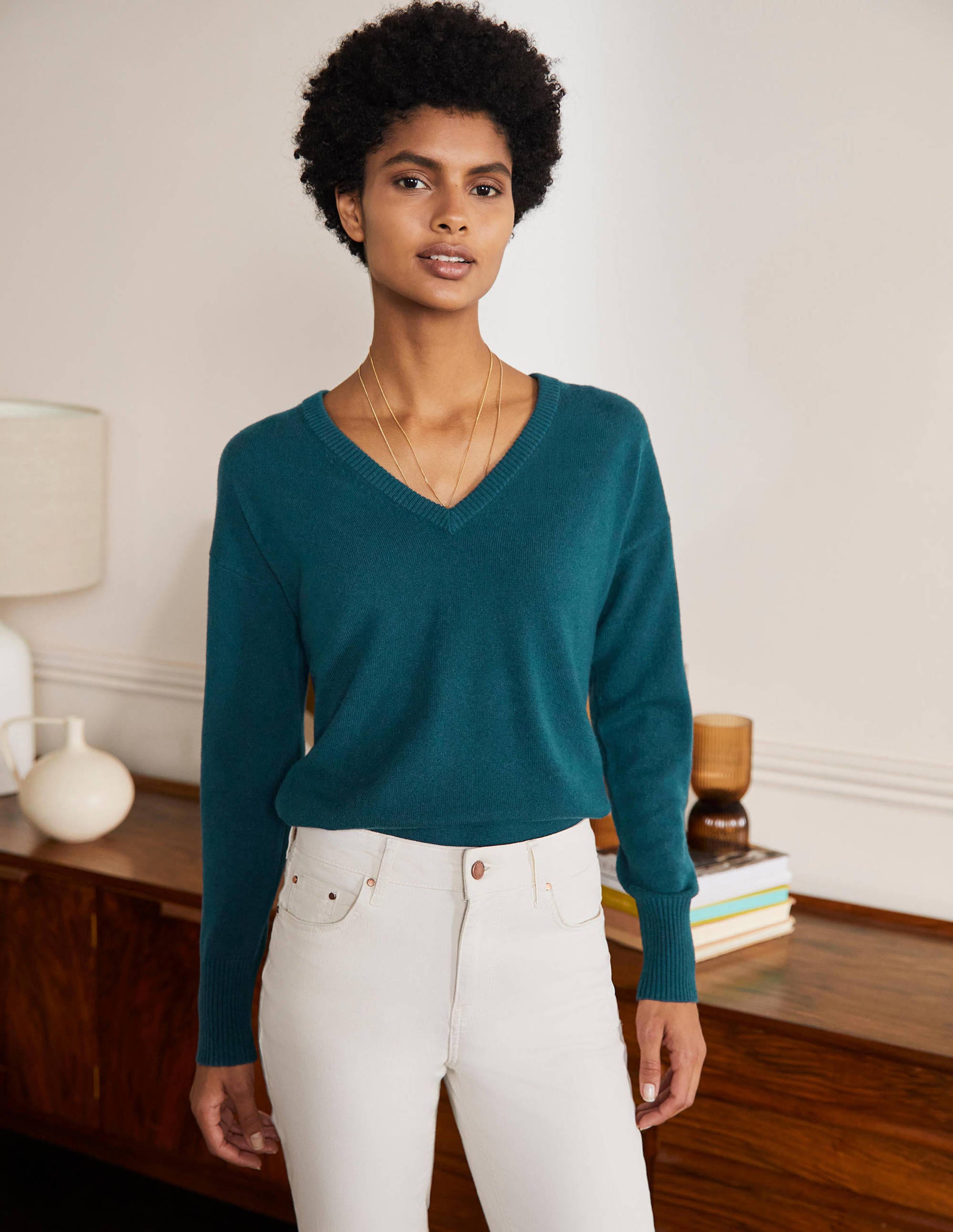 Pull col V décontracté en cachemire STR Femme Boden, Blue