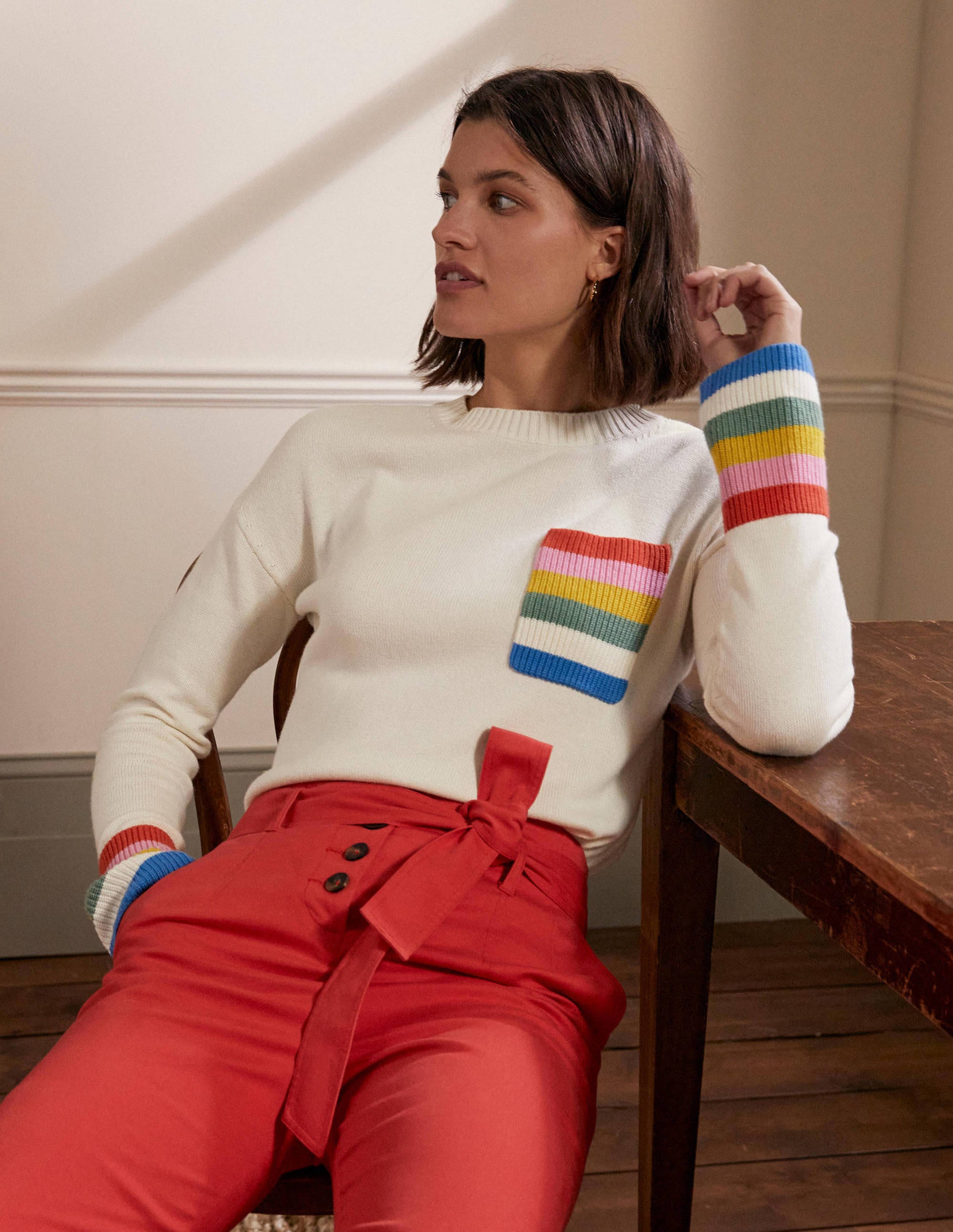 Pull décontracté avec poche rayée IVO Femme Boden, Ivory
