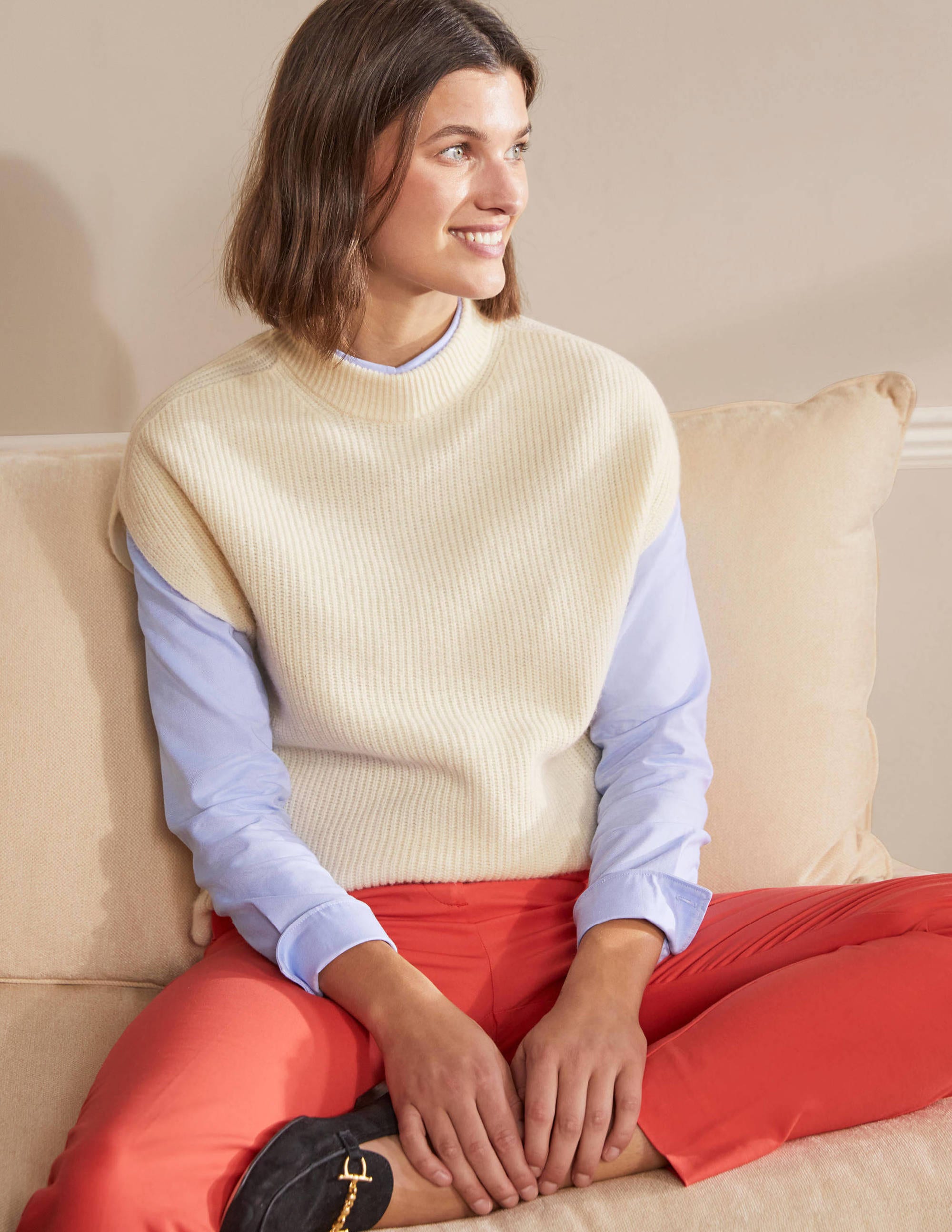 Pull sans manches côtelé décontracté IVO Femme Boden, Ivory