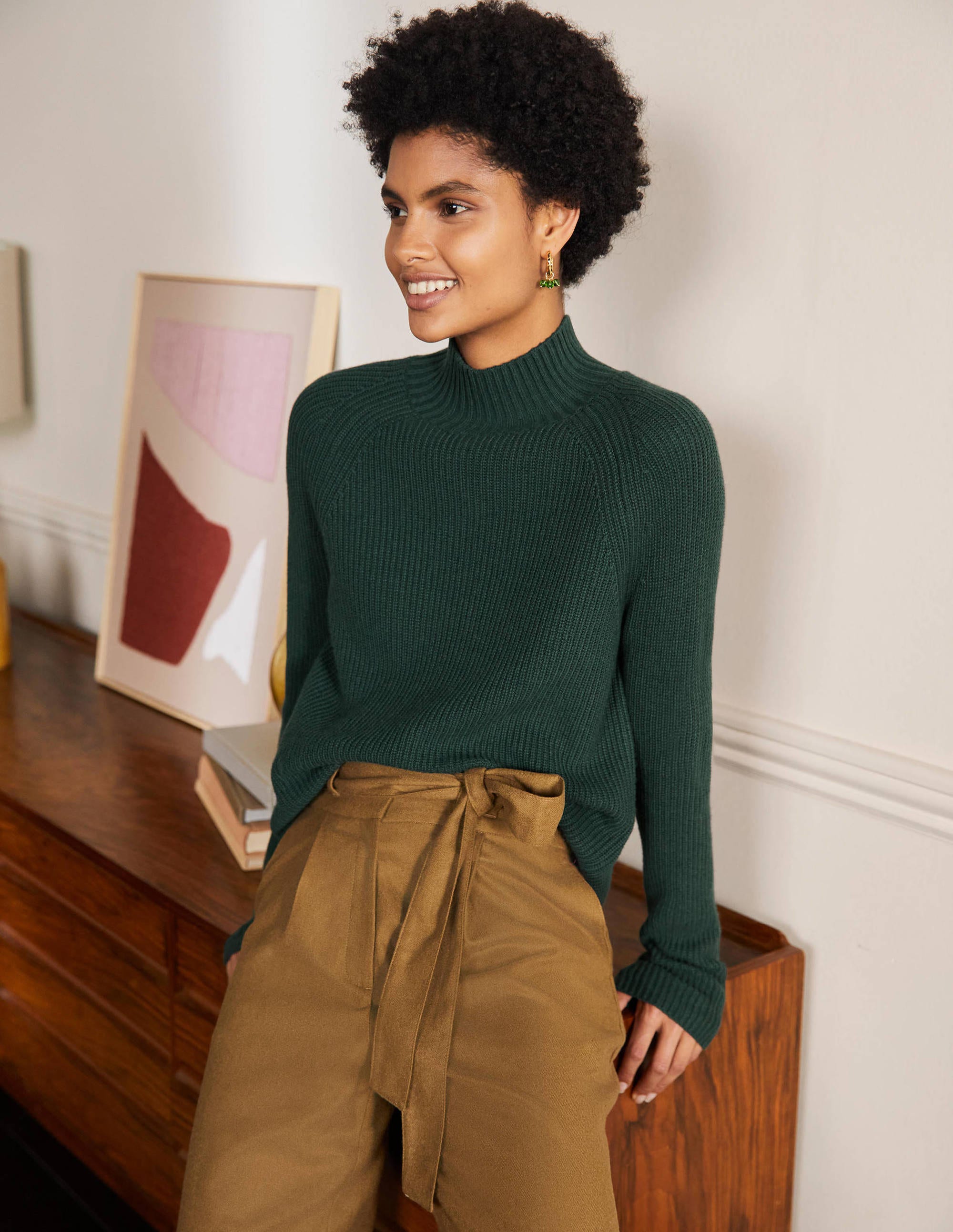 Pull côtelé Mia à col montant GRN Femme Boden, Green