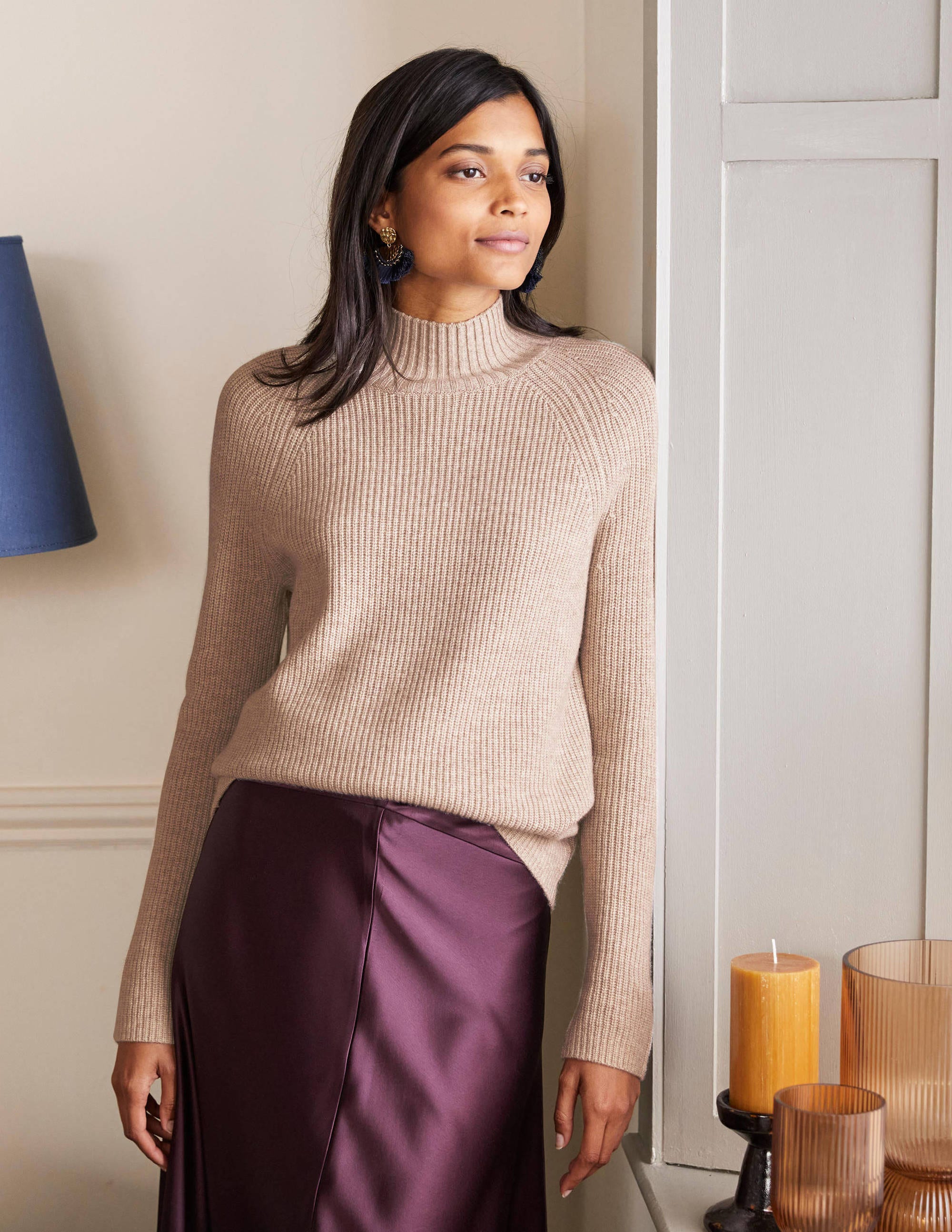 Pull côtelé Mia à col montant NEU Femme Boden, Natural