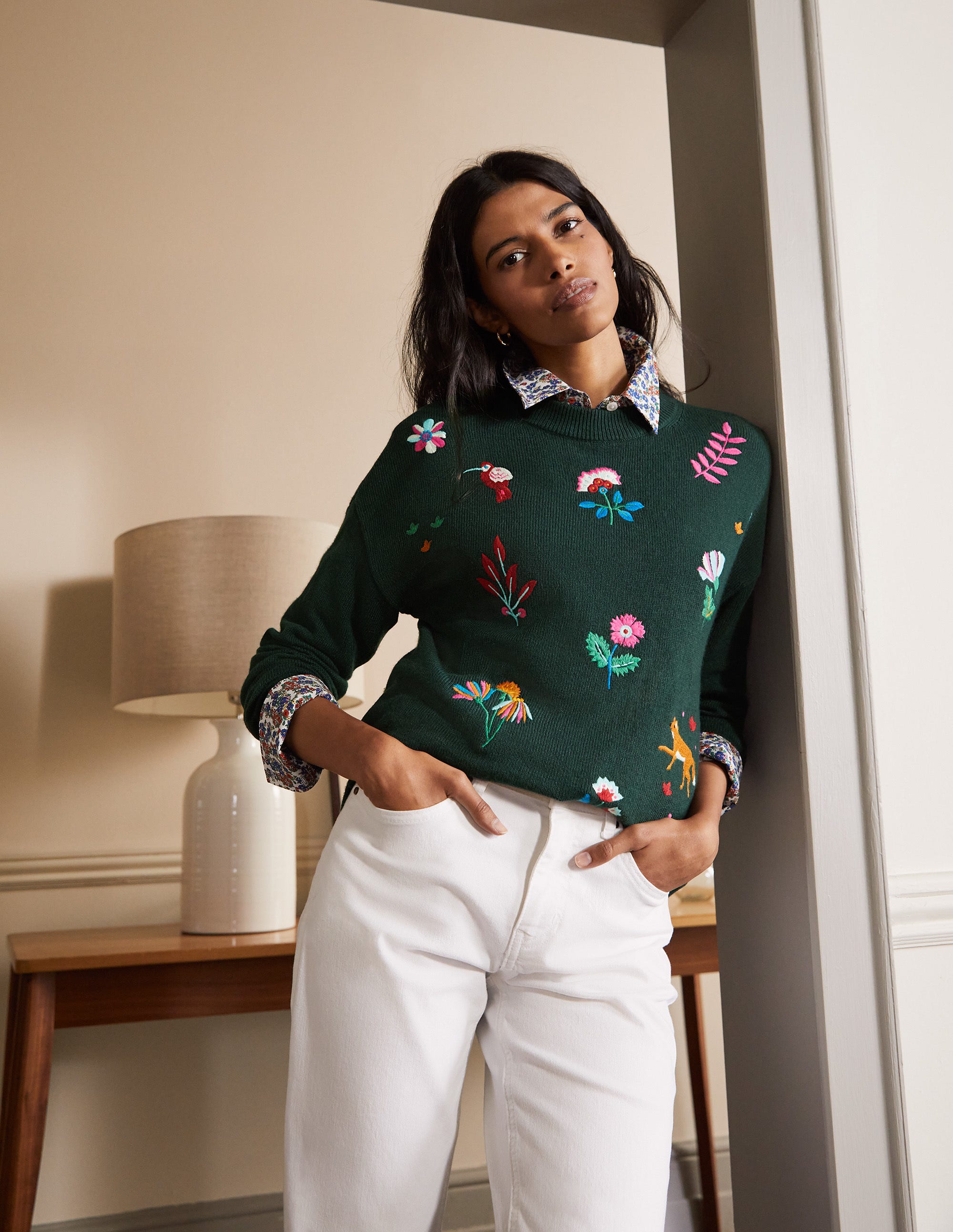 Pull décontracté brodé GRN Femme Boden, Green