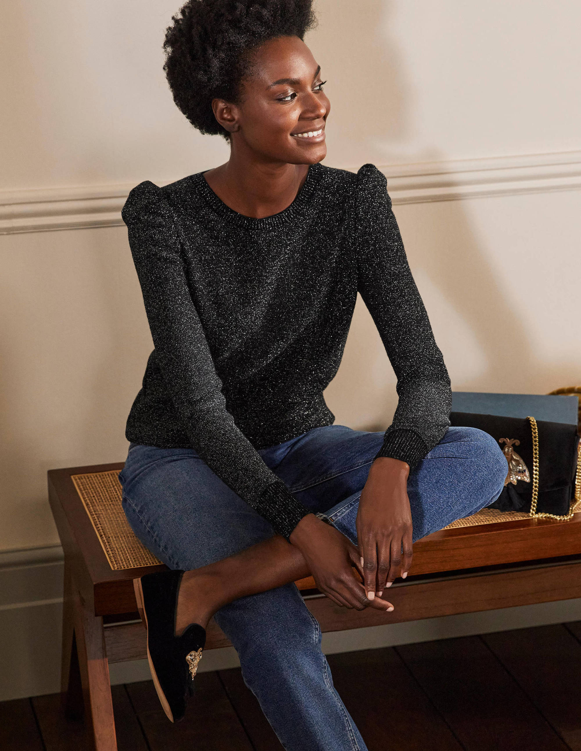 Pull étincelant à manches bouffantes BLK Femme Boden, Black