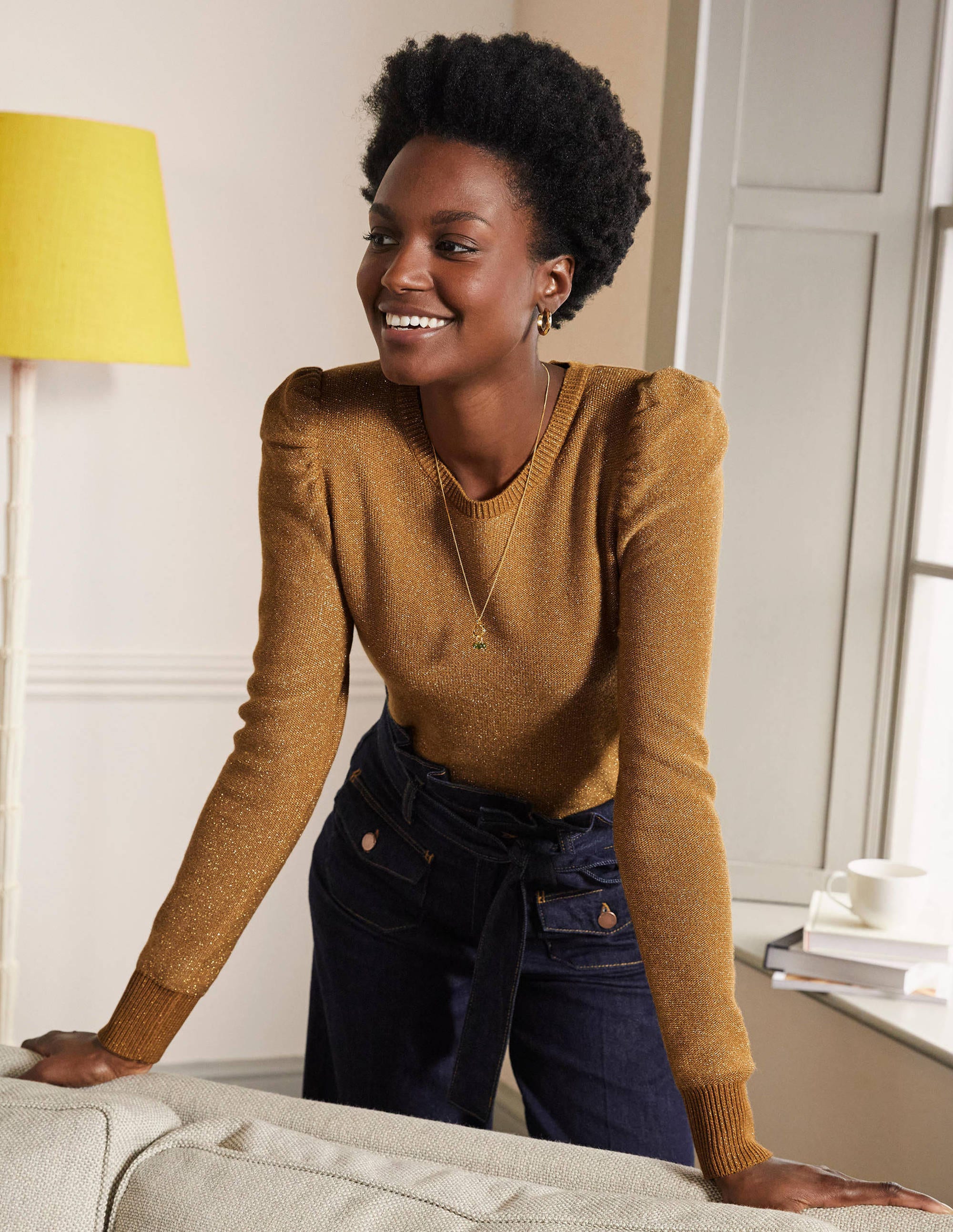Pull étincelant à manches bouffantes MET Femme Boden, Metallic