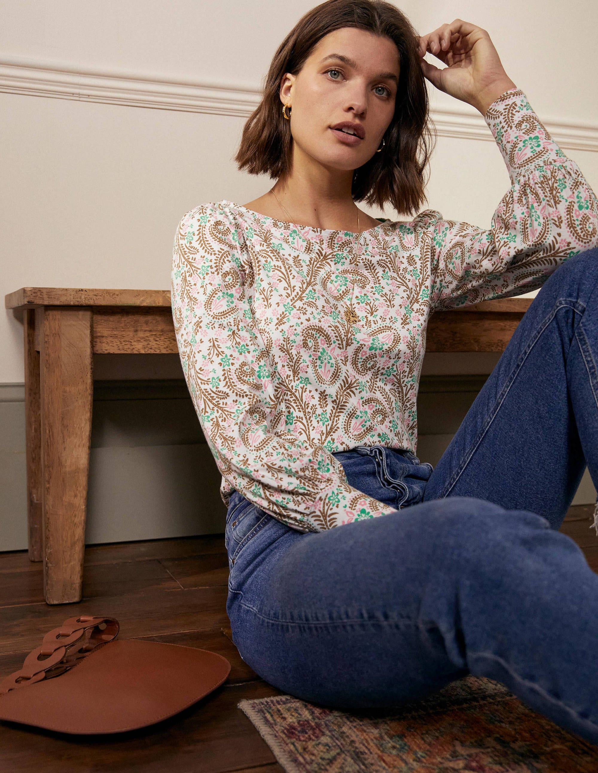Top en jersey à manches blousantes IVO Femme Boden, Ivory