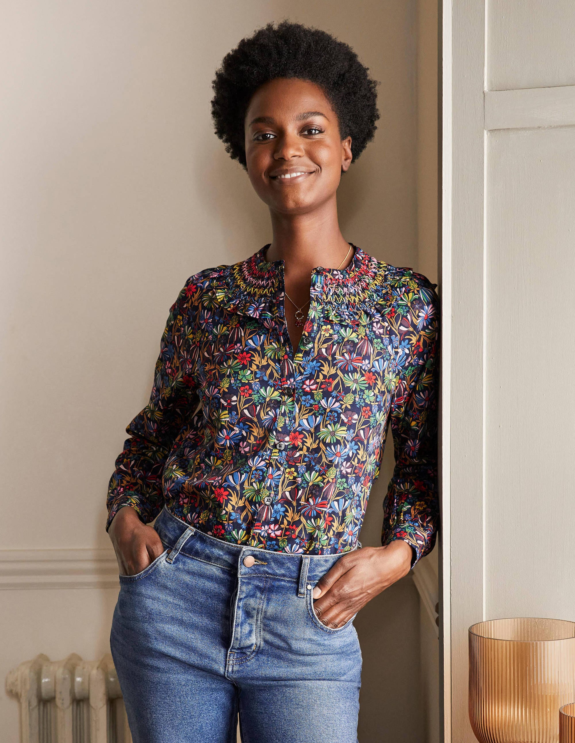 Chemise Leandra en coton à smocks NVY Femme Boden, Navy