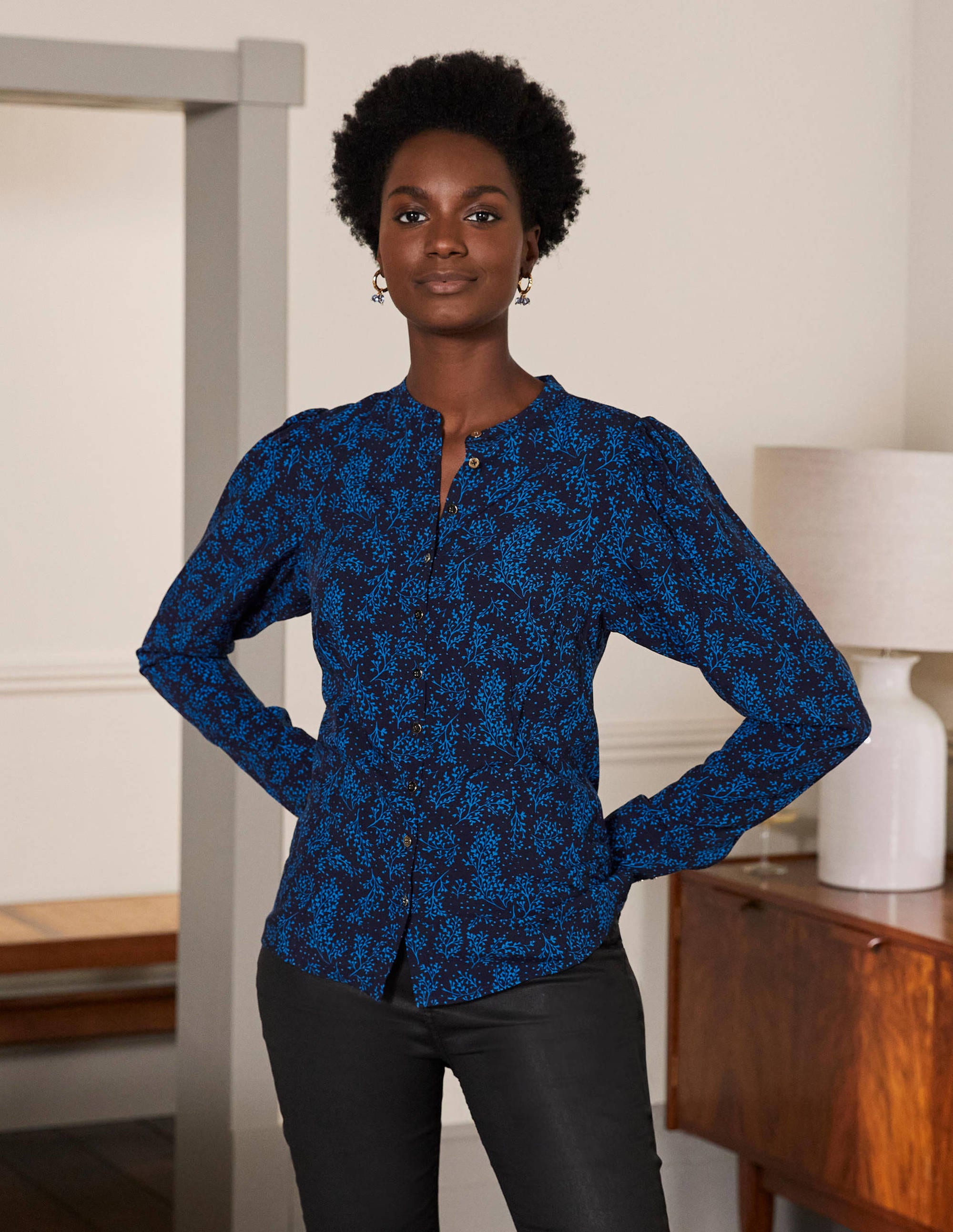 Chemise à manches bouffantes BLU Femme Boden, Navy