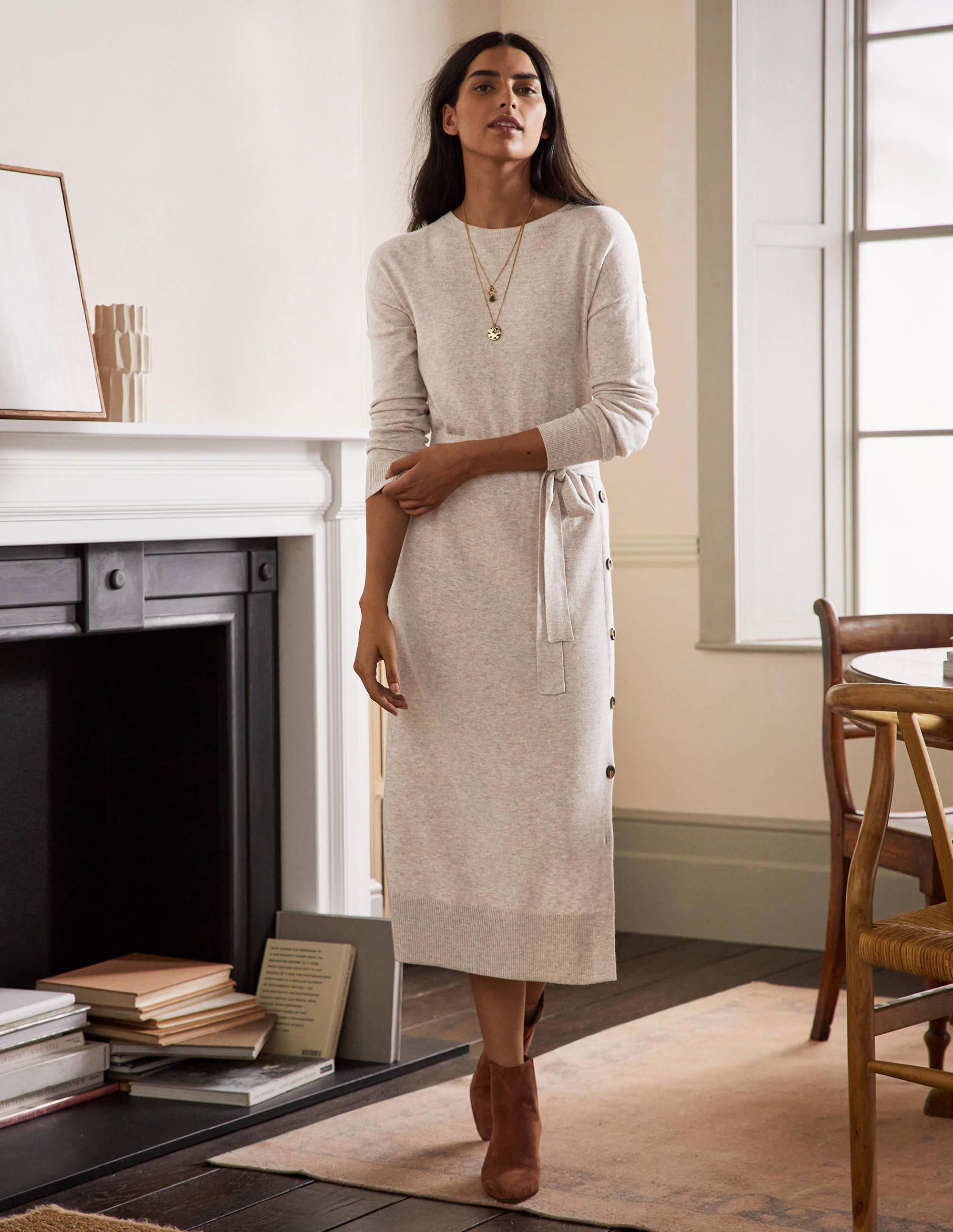 Robe boutonnée sur le côté en maille NEU Femme Boden, Natural