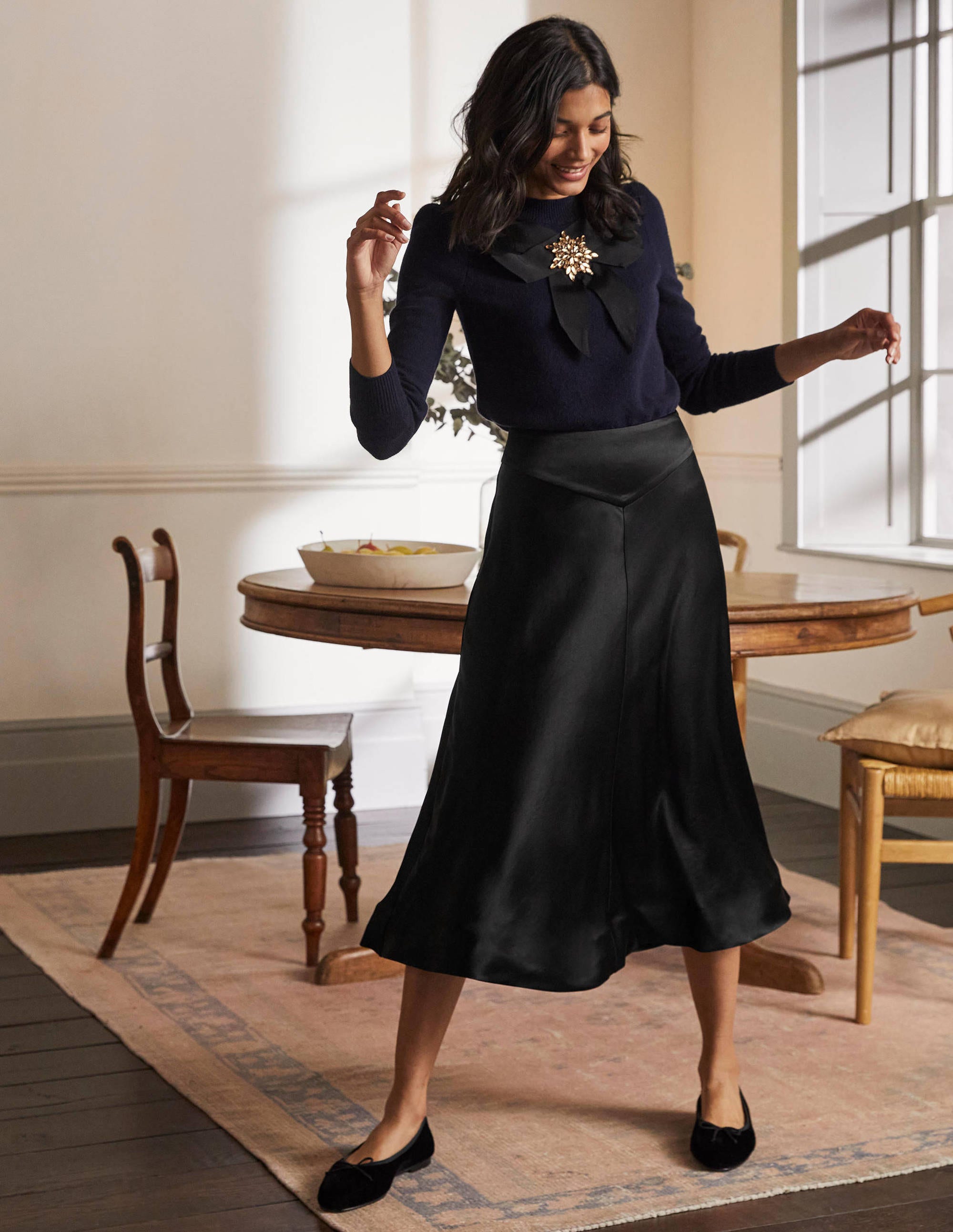 Jupe midi à surpiqûres BLK Femme Boden, Black