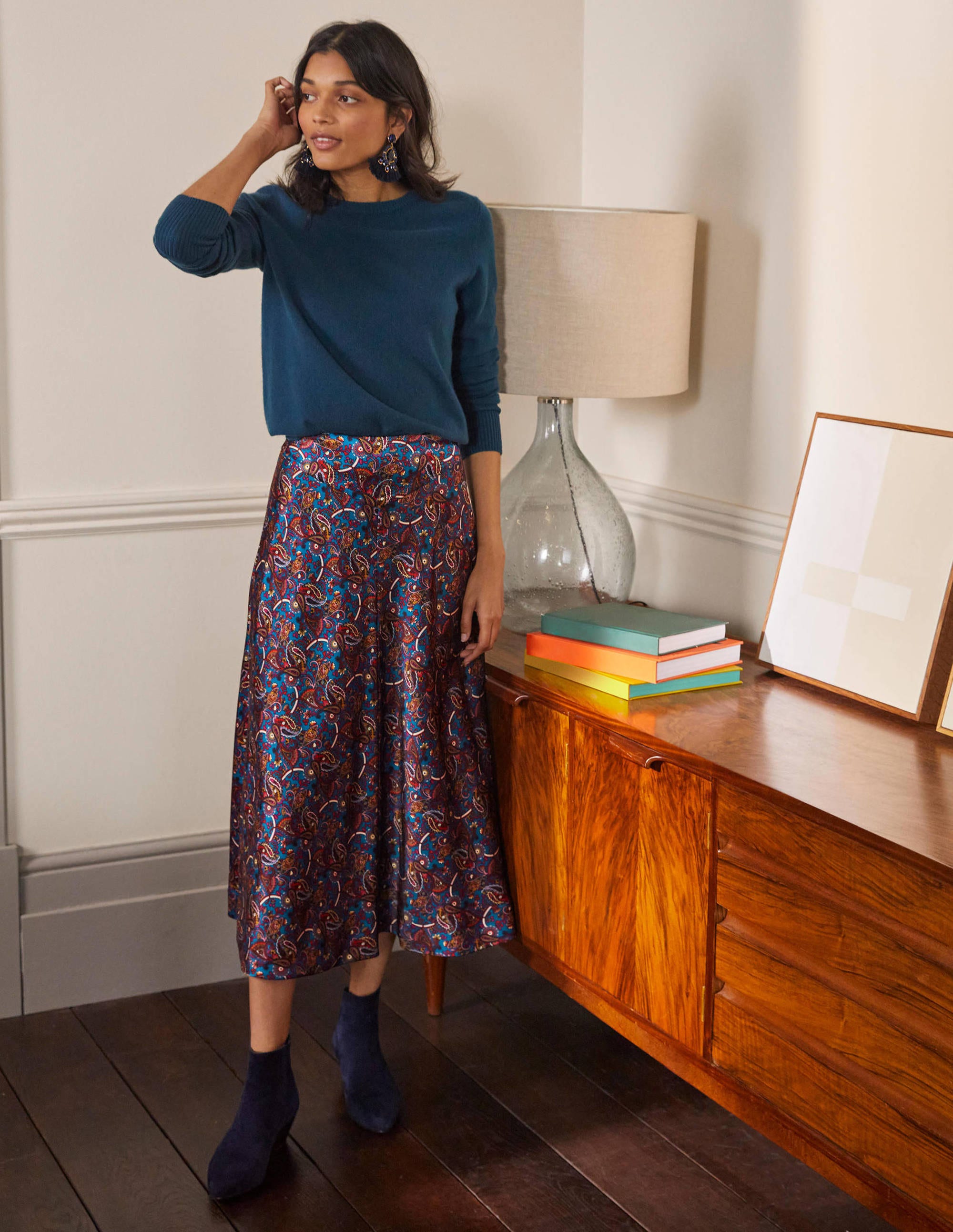 Jupe midi à surpiqûres BLU Femme Boden, Blue