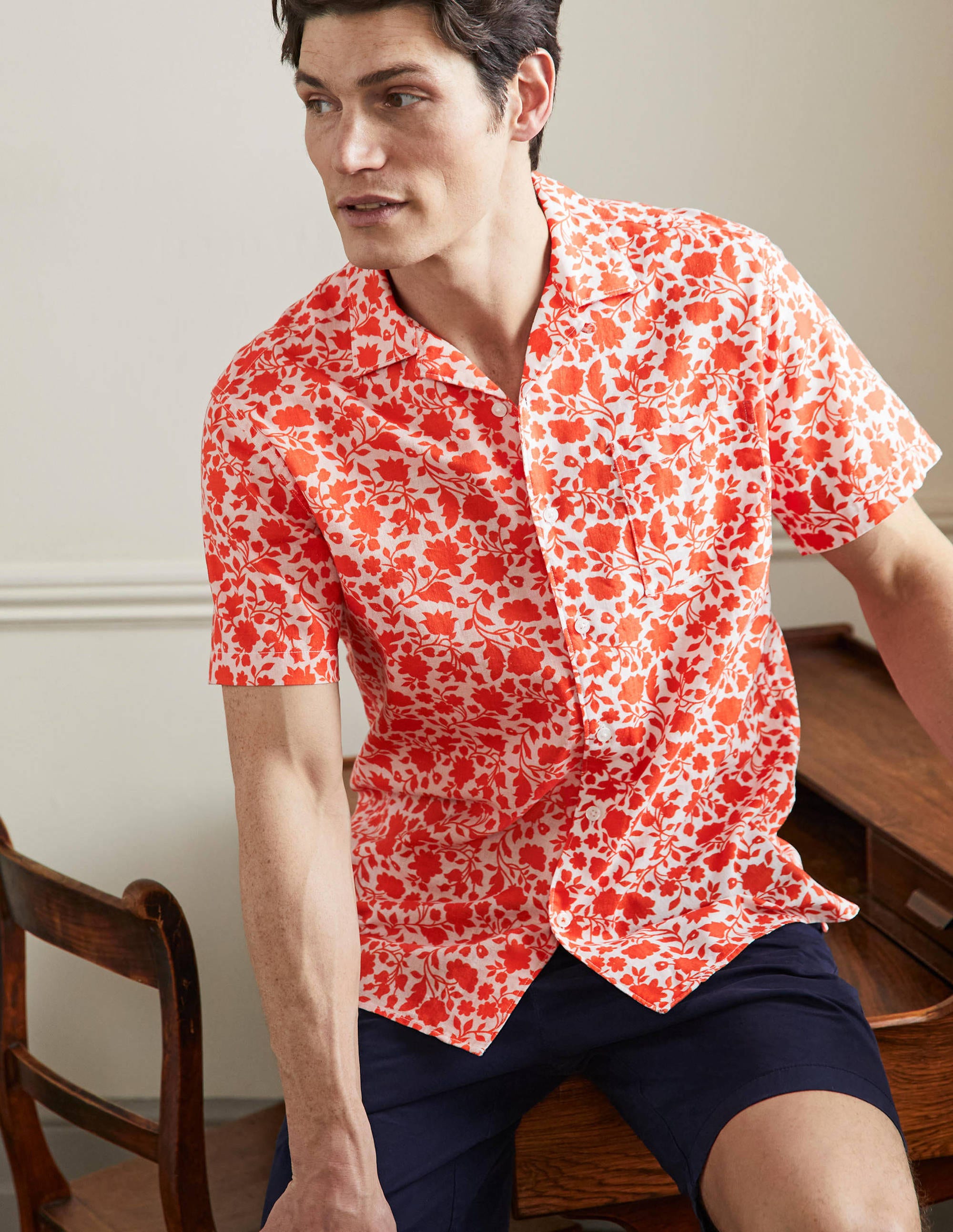 Chemise avec col à revers en lin et coton ORG Homme Boden, Orange