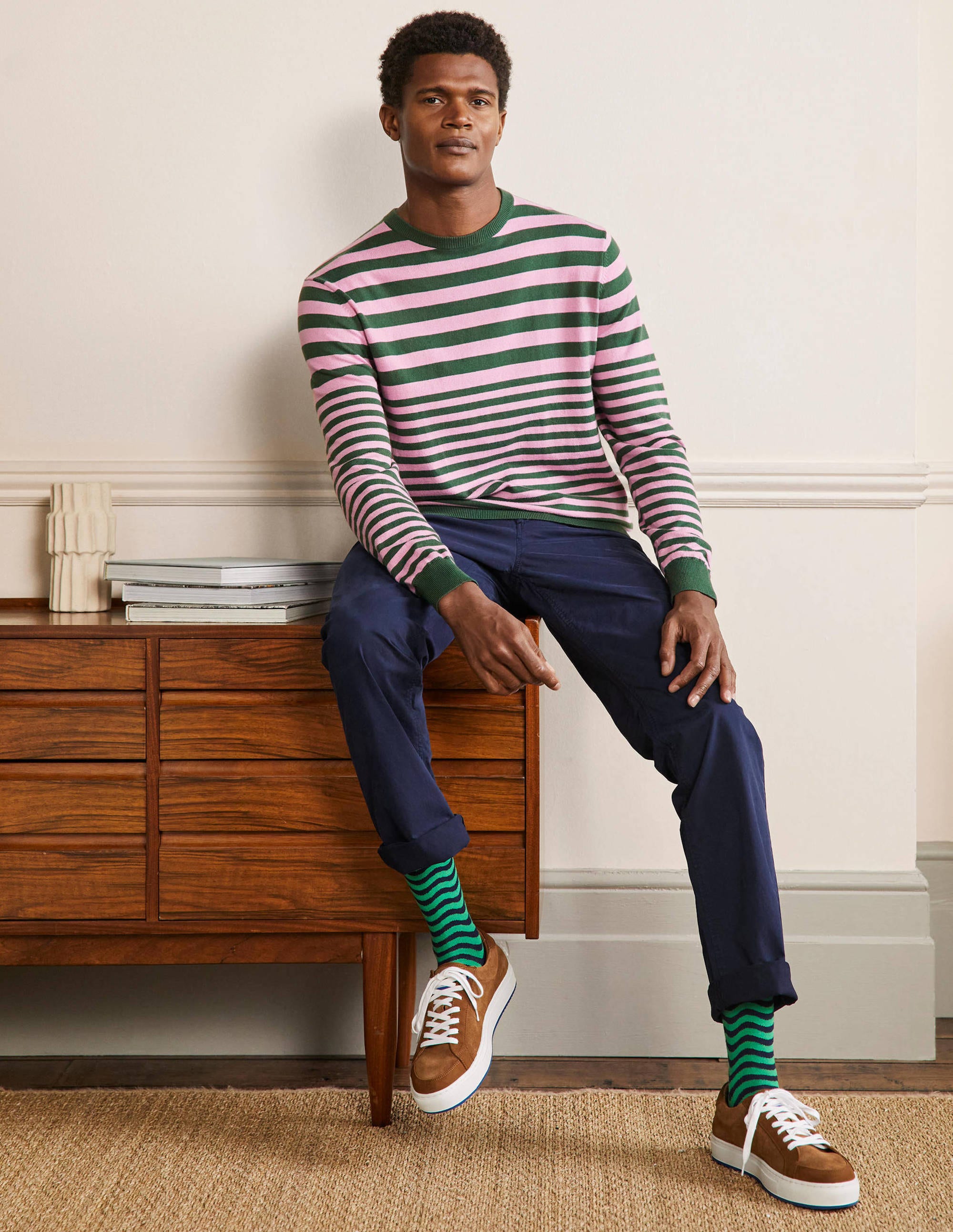 Pull col rond en coton PRP Homme Boden, Cool Violet/Park Green Stripe