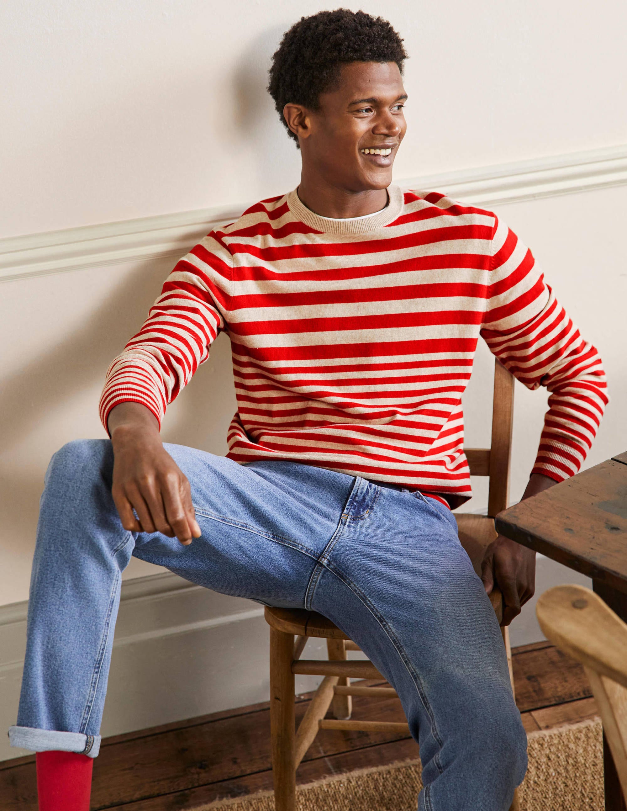 Pull col rond en coton RST Homme Boden, Red/Oatmeal stripe
